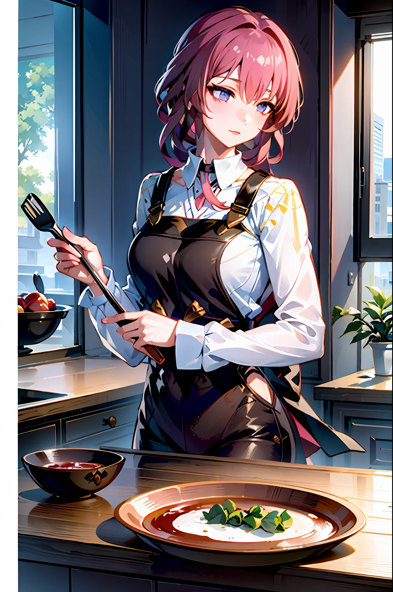 masterpiece, best quality, 1girl, (cooking), blonde hair, long hair, kitchen, casual clothes, apron