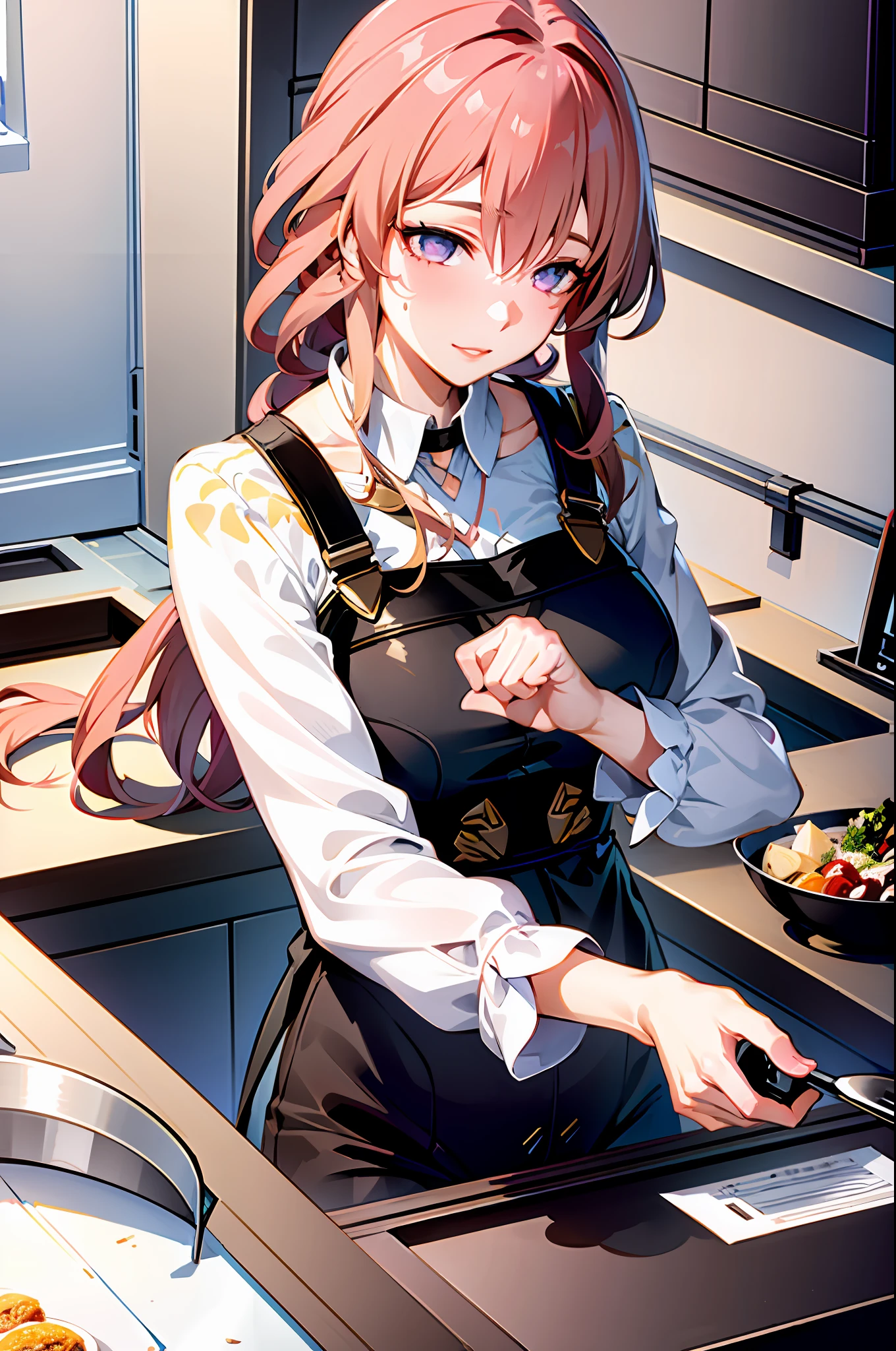 masterpiece, best quality, 1girl, (cooking), blonde hair, long hair, kitchen, casual clothes, apron