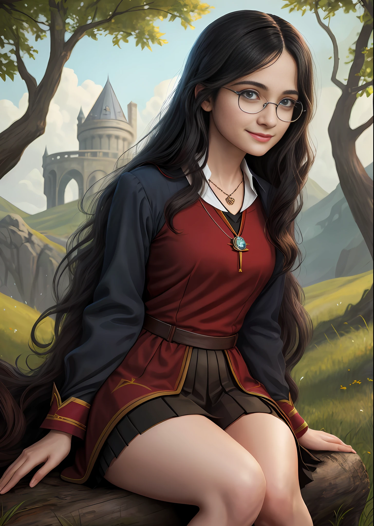 ((Solo)), female, long black hair, blue eyes, with gryffindor dr harry potter uniform, glasses, a beautiful smile on the face, beautiful look, delicate face, little heart necklace, large thighs, medium breasts, holding a wand, sitting under a tree ,8k