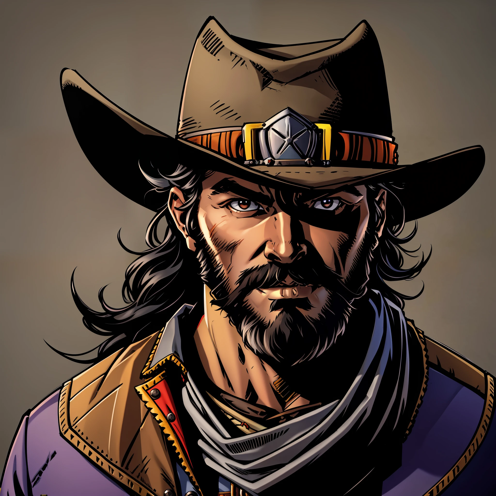 a closeup of a bearded man wearing a hat, bearded cowboy, Jesse McCree, stout male ranger, male cowboy portrait, shaggy facial hair, McCree from Overwatch, gray hair and a cowboy hat, character with brown hat, inspired by Bob Singer, cowboy portrait