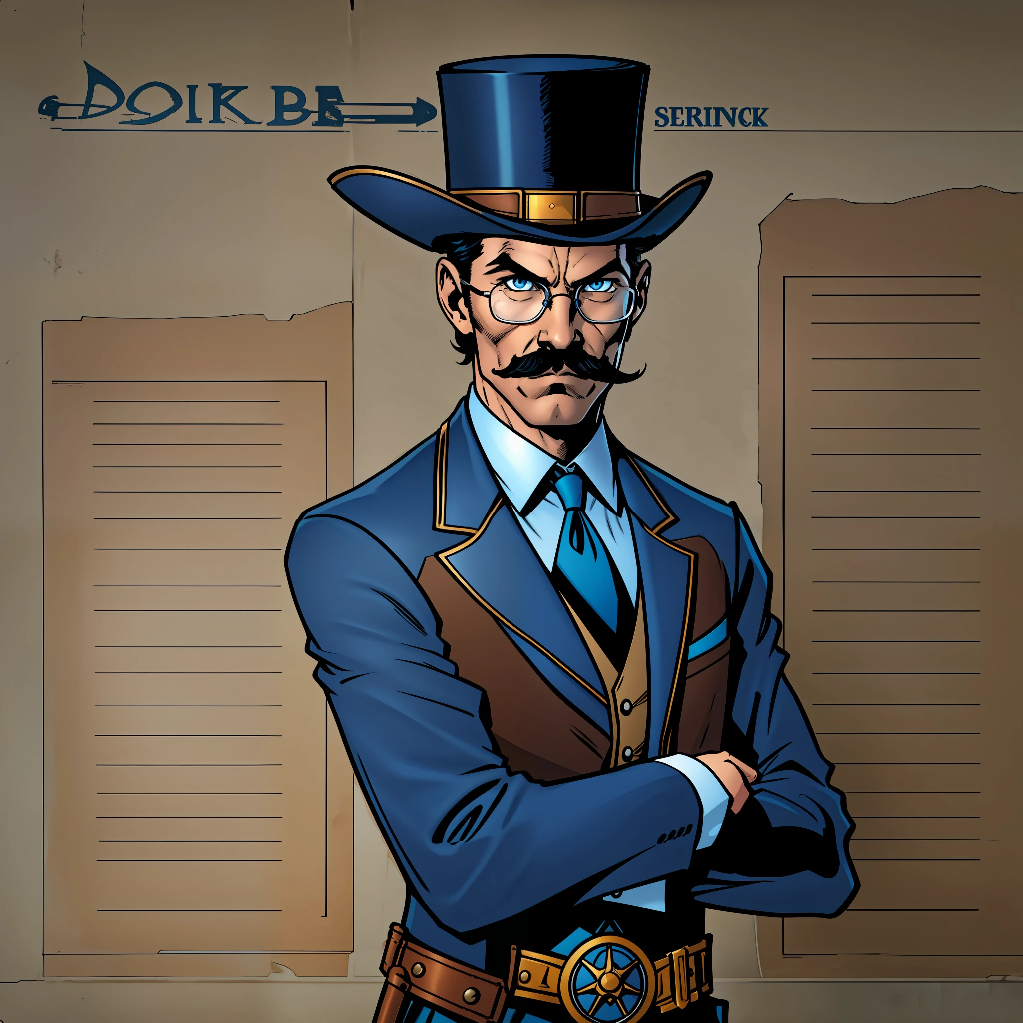 Slim man, long thin mustache, light brown short hair, blue eyes, serene look, simple punk steam glasses, dark blue top hat, dark blue suit, wild west, western comic, serious, character chart, bust chart, first-person view, high quality, UHD