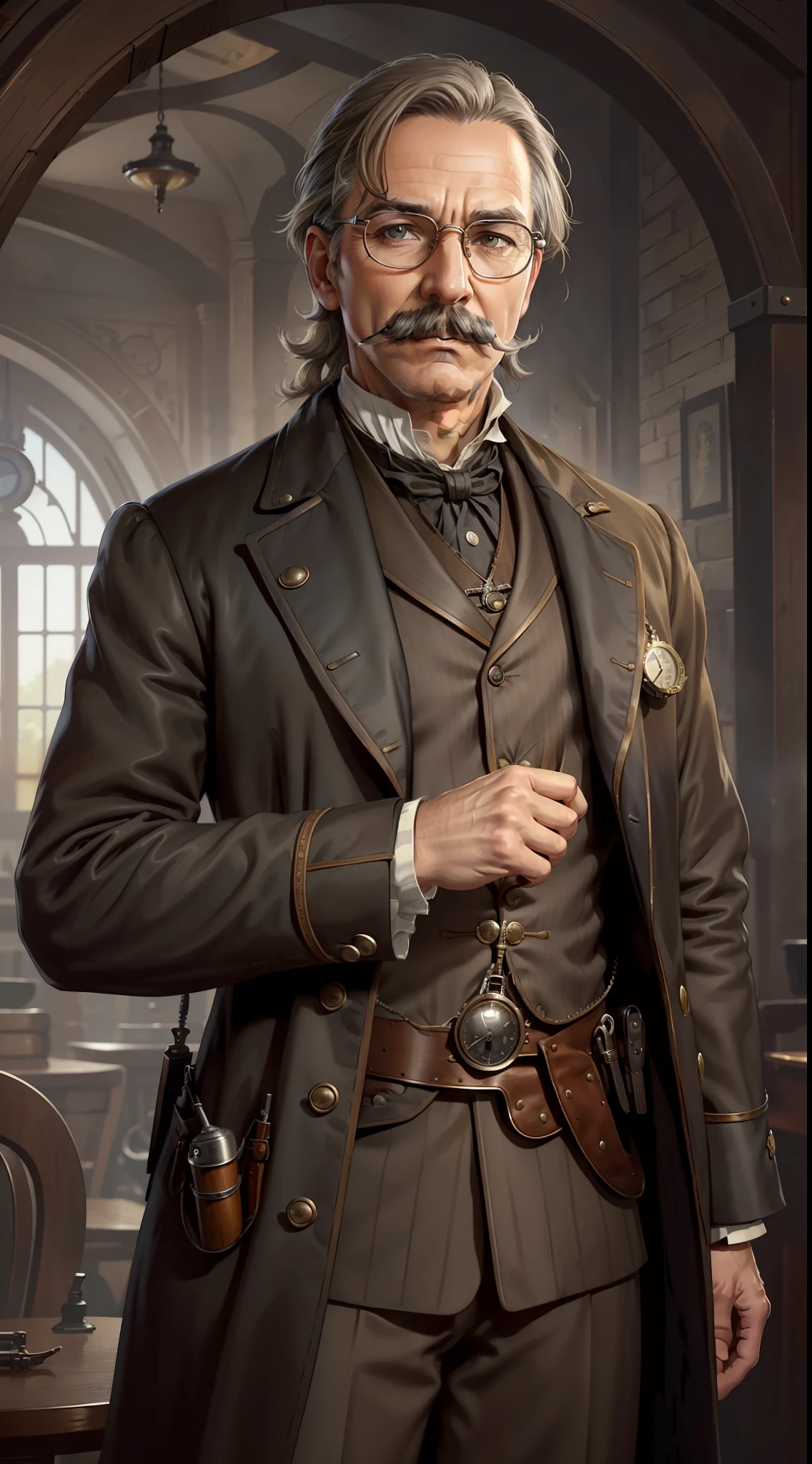 A man, (((solo))), (middle-aged, 50 years old, white skin, light brown hair with gray parts, small round glasses, voluminous Friedrich Nietchzse mustache), (wears Victorian detective clothes, steampunk), (gunslinger)