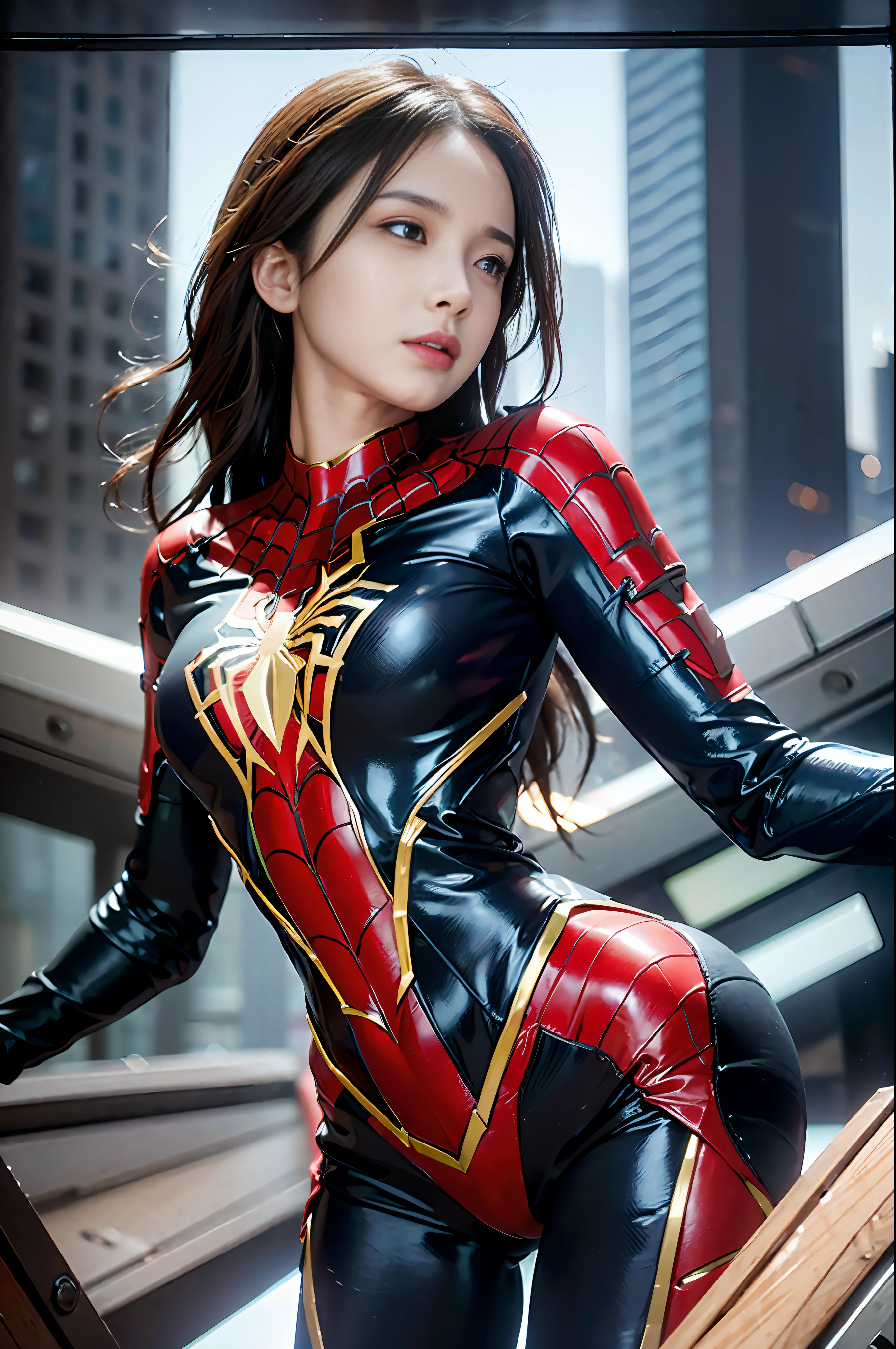 RAW, Masterpiece, Super Fine Photo,, Best Quality, Ultra High Resolution, Photorealistic, Sunlight, Full Body Portrait, Stunningly Beautiful, Dynamic Poses, Delicate Face, Vibrant Eyes, (Side View) , she is wearing a futuristic Iron Lady Spiderman costume, very detailed background, detailed face, detailed and complex busy background, messy, gorgeous, milky, high detailed skin, realistic skin details, visible pores, sharp focus, Volumetric fog, 8k uhd, dslr, high quality, film grain, fair skin, photorealism, lomography, sprawling metropolis in a futuristic dystopia, view from below, translucent