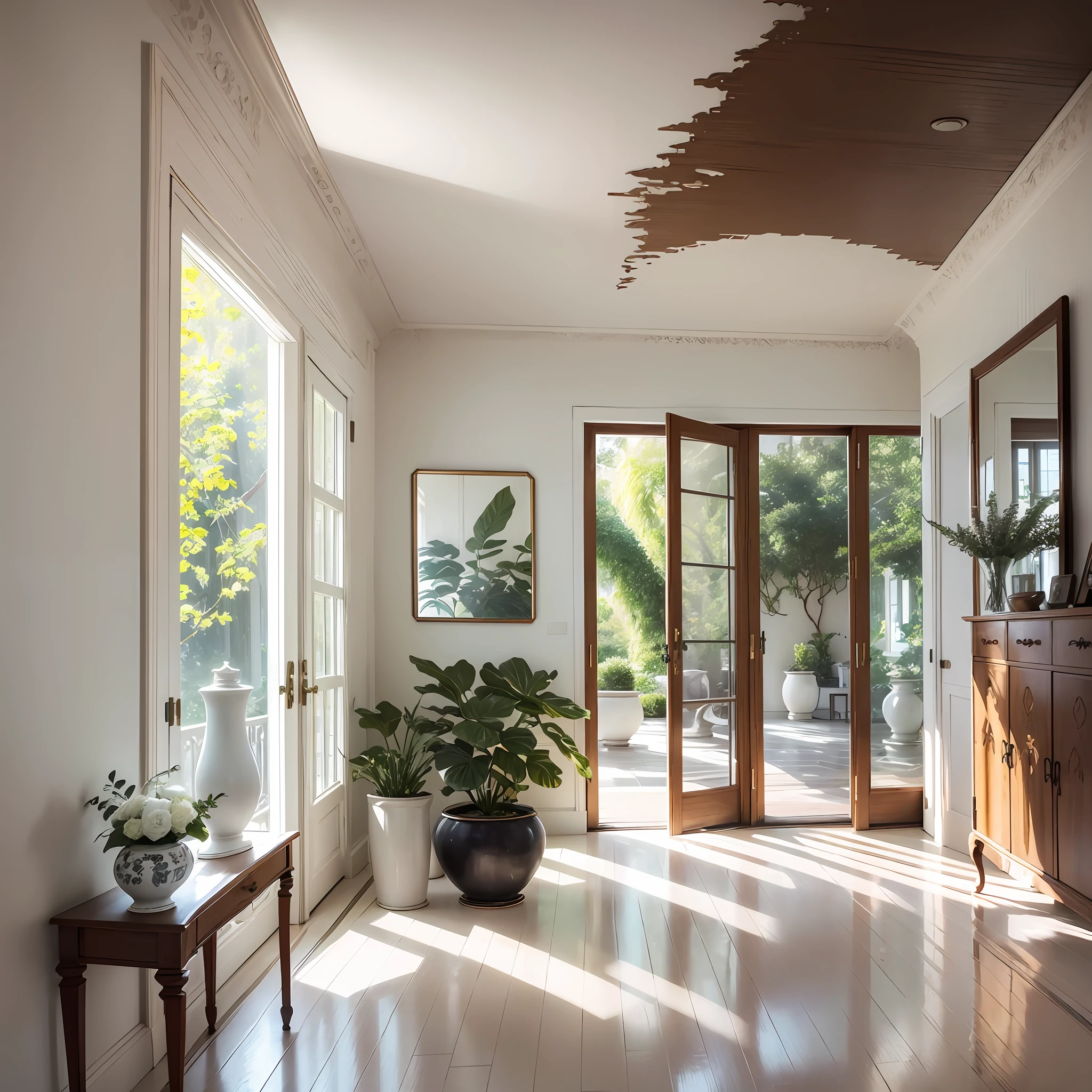 entrance hall, white porcelain floor, plain white ceiling, just a silver vase of floor with foliage, a wood-clad wall with straight design sideboard without drawers, mirror behind, smooth glass door on the left overlooking a garden