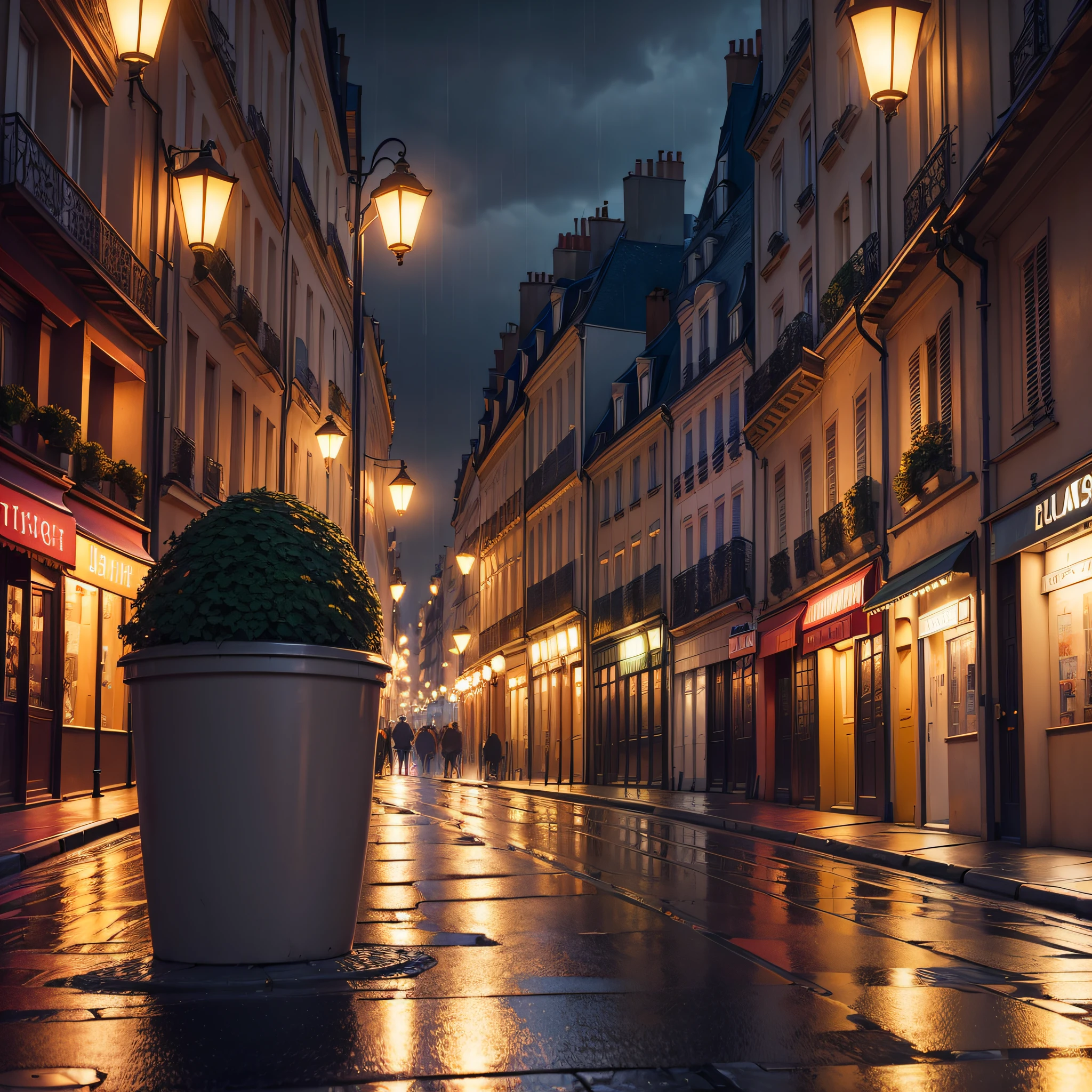 (Ultra-Detailed CG Unity 8k Wallpaper, Masterpiece, Best Quality), A beautiful and lively street in Paris at night, colorful & vivid, breathtaking street lights, framing & composition, the city is kissed by the soft rain