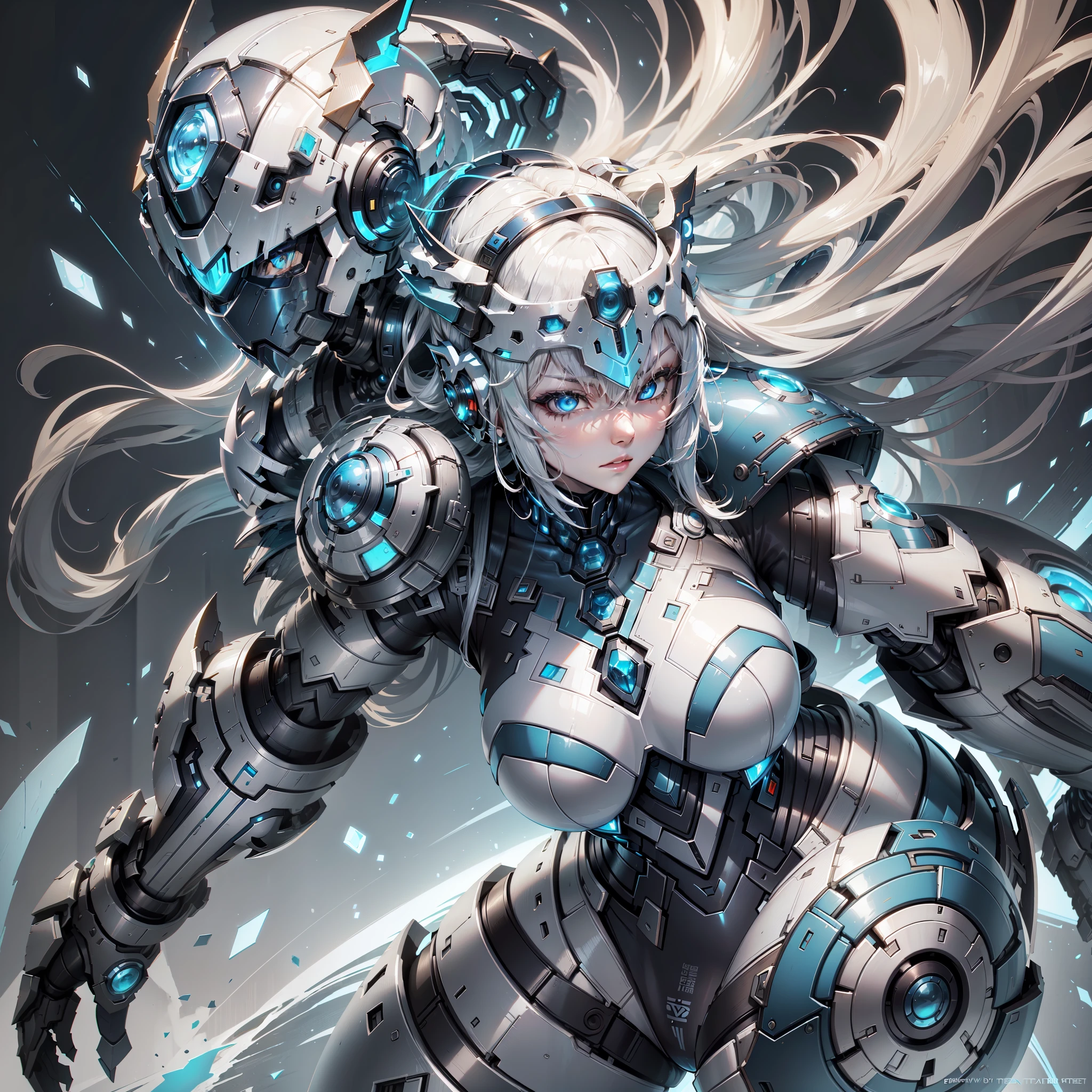 Woman, Platinum Hair, white eyes, dolphin armor, armor in blue and white colors, mask covering mouth, fatasia megaman X, evil giant boss background fighting pose