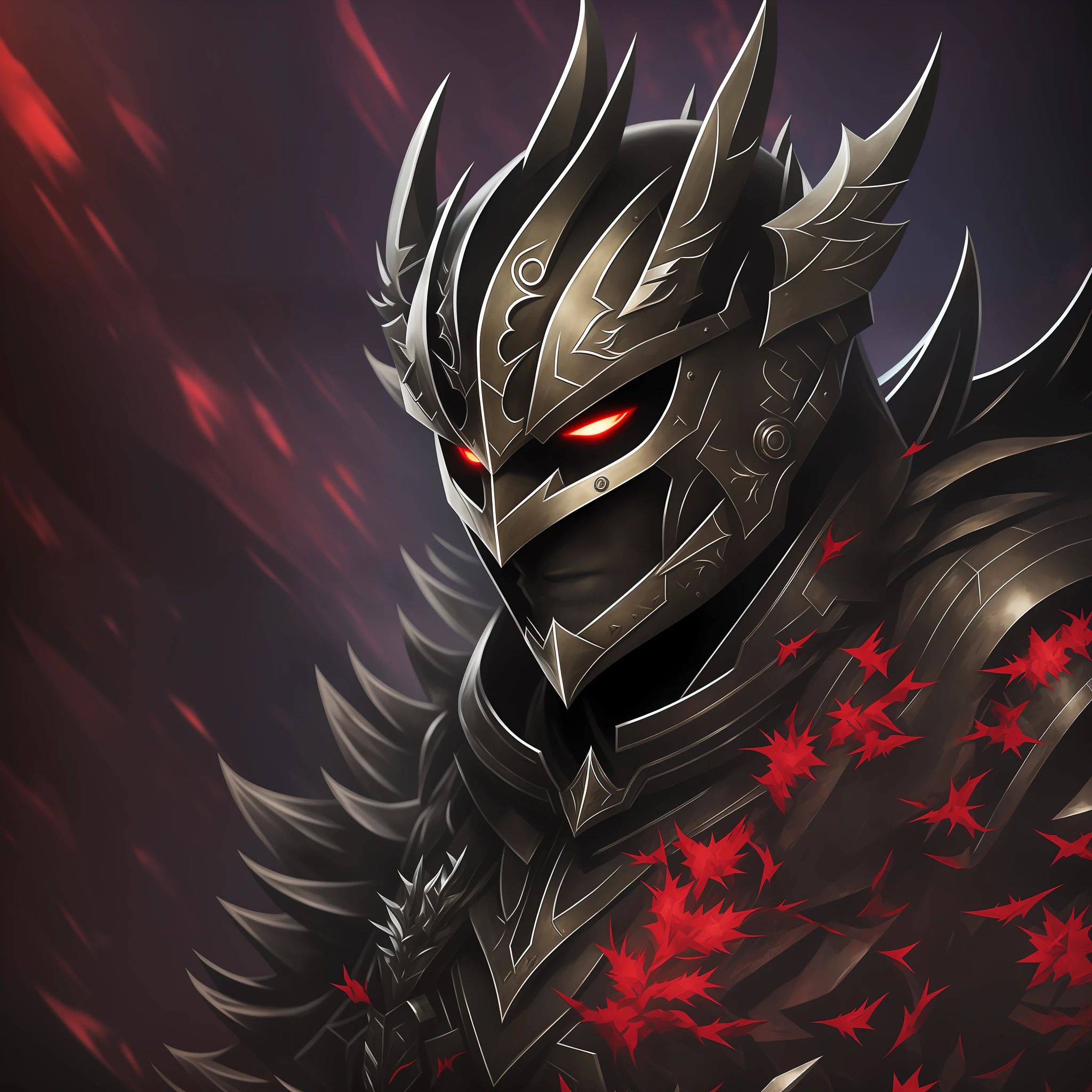 Captain Argo, a feared villainous leader. His appearance is ominous, with black armor adorned with sharp thorns. His face is covered by a shadowy mask, only the bright, piercing eyes are visible. The aura of evil power that surrounds him is almost palpable.
