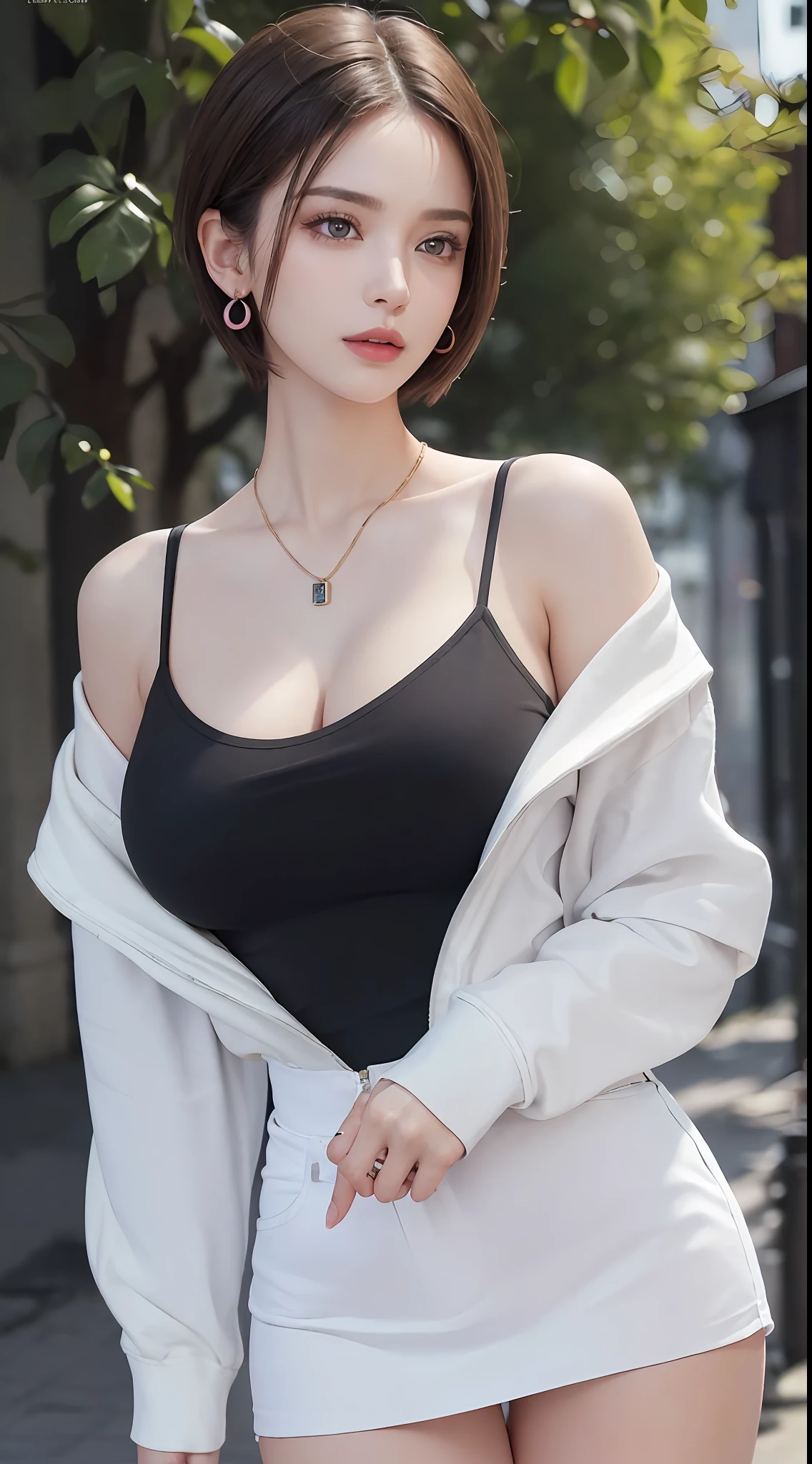 (RAW photo, high resolution, best quality, masterpiece:1.3), (realistic detailed, hyperrealistic, photorealistic: 1.2), shot by Canon EOS R6, Sharp focus, f/1.8, mid shot, upper body shot, 1girl, very delicate and beautiful, beautiful detailed girl, very detailed eyes and face, triangular face, beautiful detailed eyes, (slender figure, thin waist), cleavage, ((casual outfit)), stylish pendant, black earrings, natural makeup, pink shiny lips, swept side stylish short hair, perfect style, (morning outdoor with low light background), ultra-realistic, highest quality, super detailed