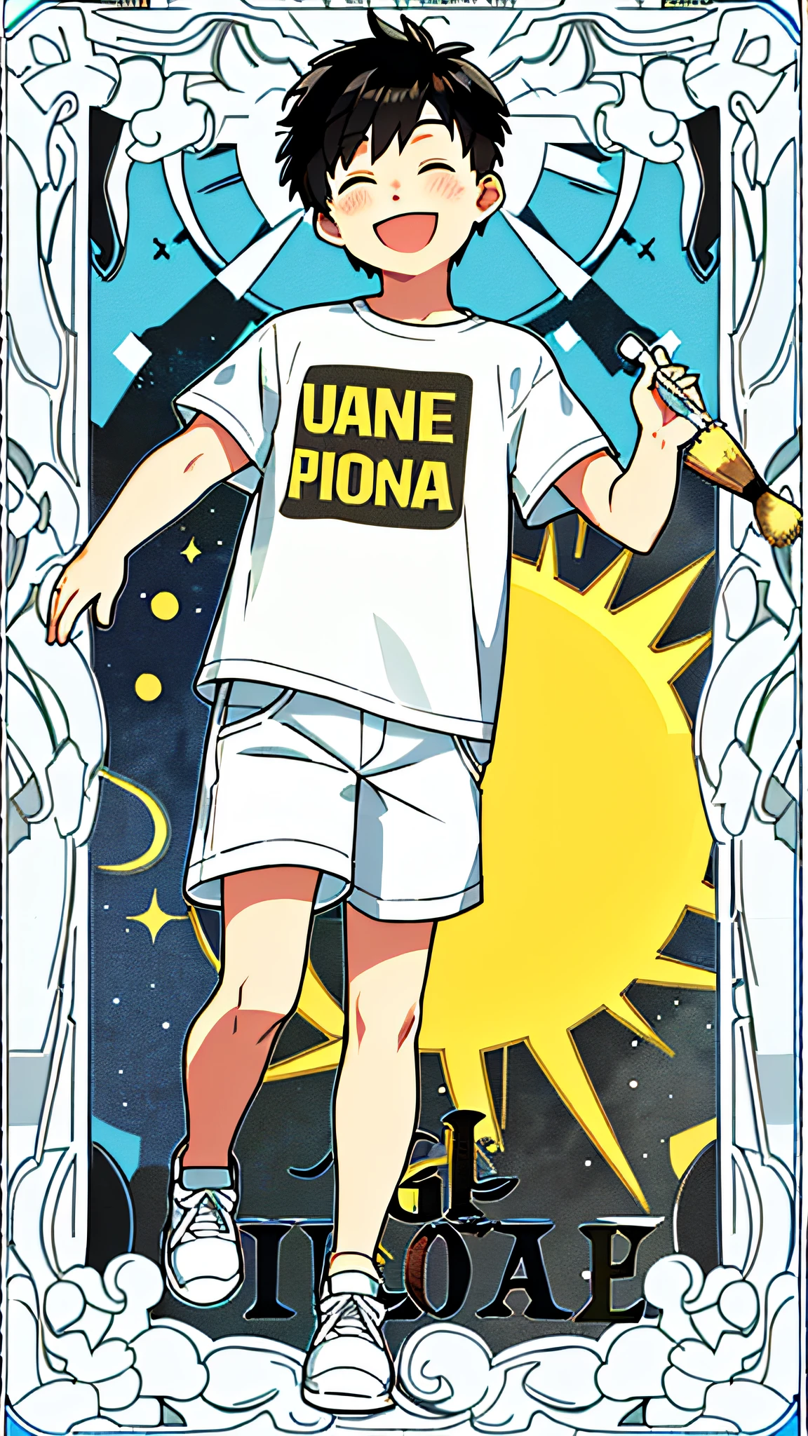 masterpiece, best quality, full body, card, 1 man, the sun, happy, laugh, short hair, black hair,  brush cut, white shirt, standing, white, sunshine, yellow, black,  buzz cut, bara, muscle, street style, t-shirt, chubby, cute