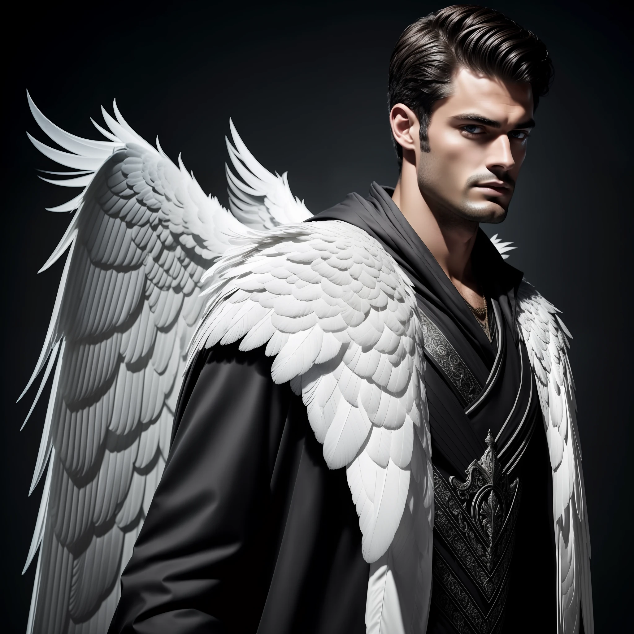 Man with large wings of white feathers on the back, Wearing Tunic and hood, angel of the Mysteries, dark gray background, Magician, large wings, Sean O'Pry, wearing beard, focus on the details of the face, serious and attractive man, wearing white tunic, magical and real effect, movie cover, powerful celestial warrior, similar to model Sean O'Pry, dark black image background,  (8k, RAW photo, best quality, masterpiece: 1.2), (realistic, realistic photo: 1.37), professional lighting.