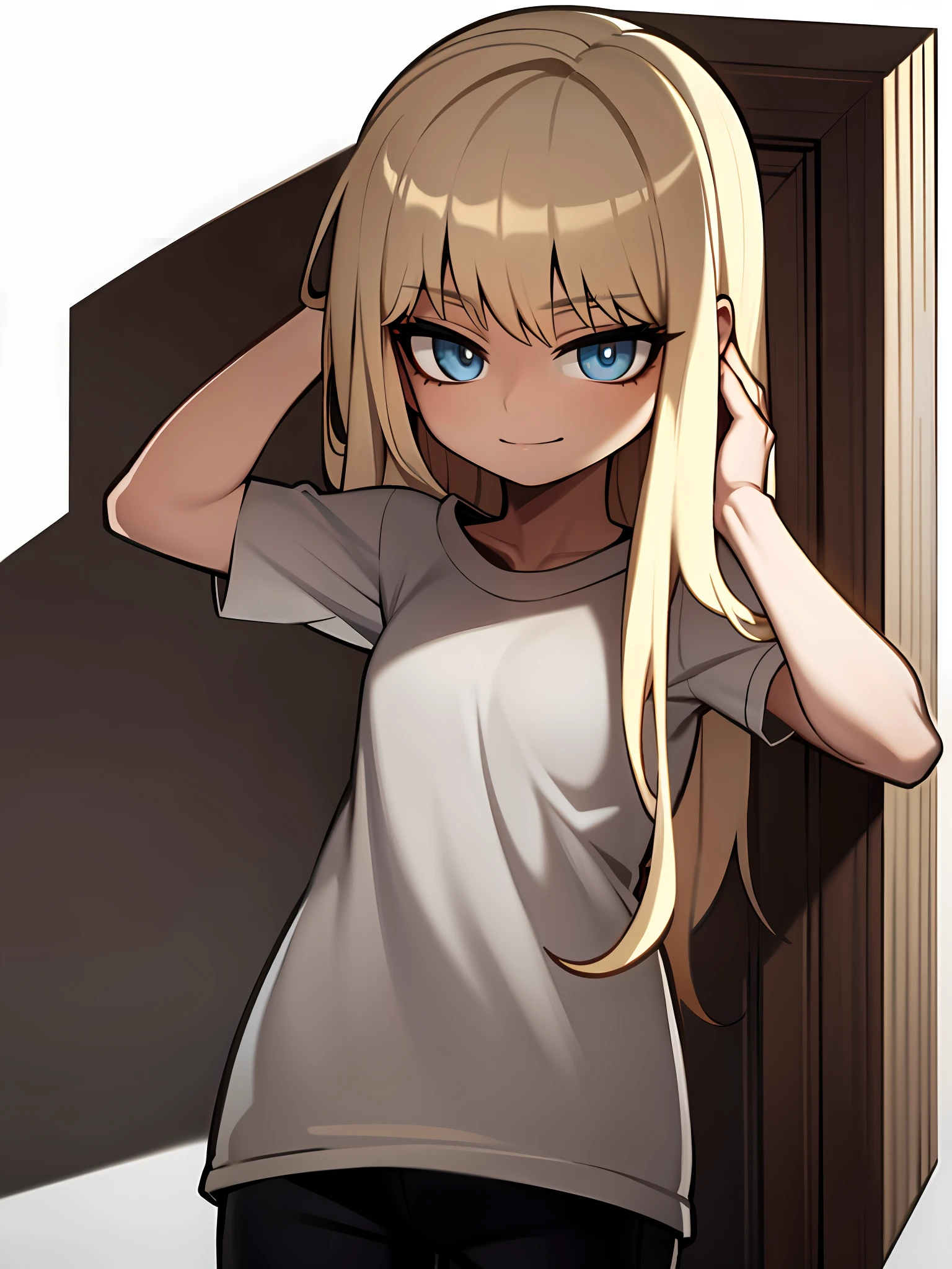 best quality, masterpiece, hi-res, young russian woman, light wavy hair, hair styled behind ears, beautiful eyes, looking up, portrait to chest, strand of hair, wearing a wide cut t-shirt, white background, smiling cheekily