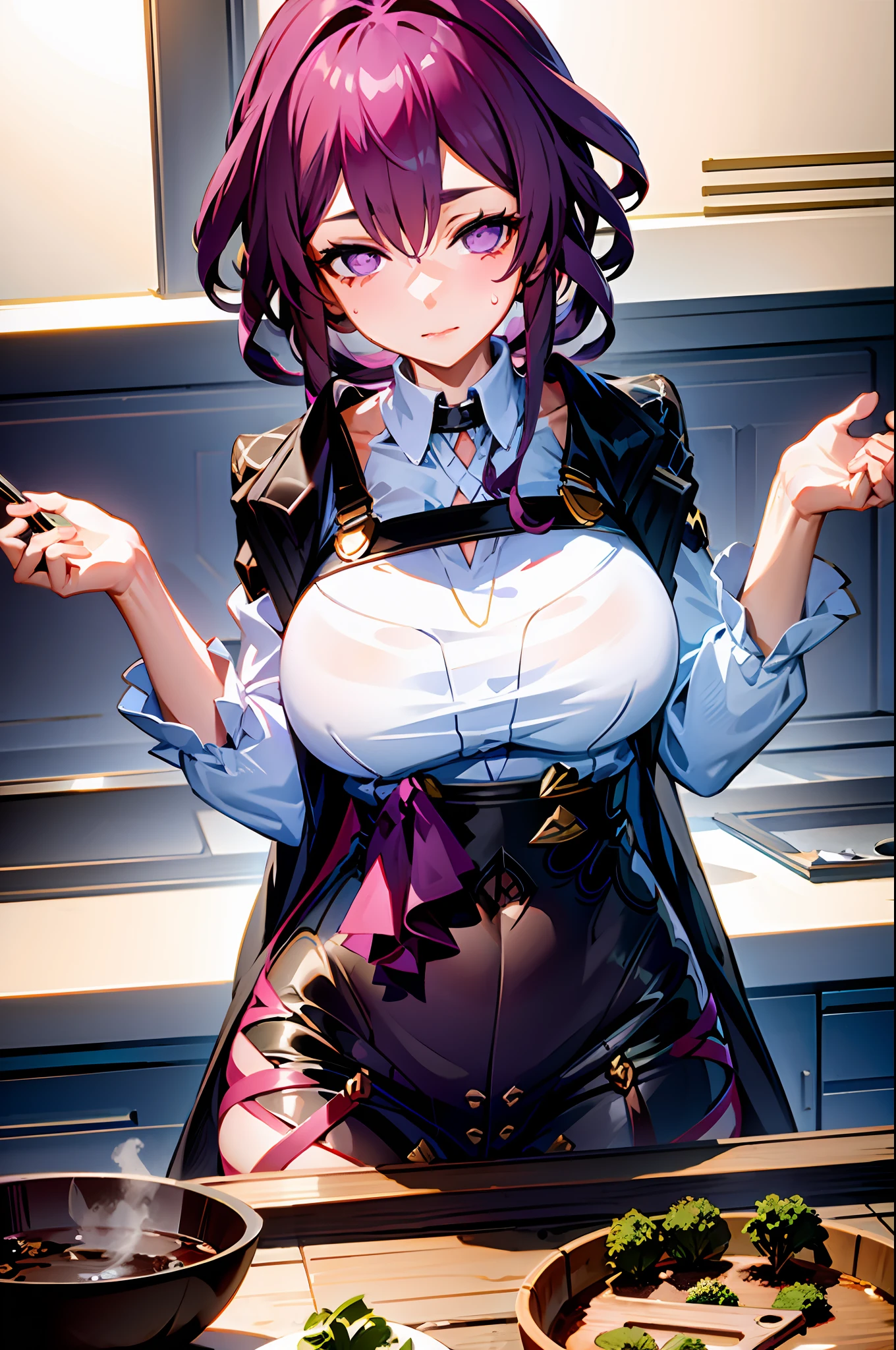 masterpiece, best quality, 1girl, (cooking), blonde hair, long hair, kitchen, casual clothes, apron, purple hair, shy expression