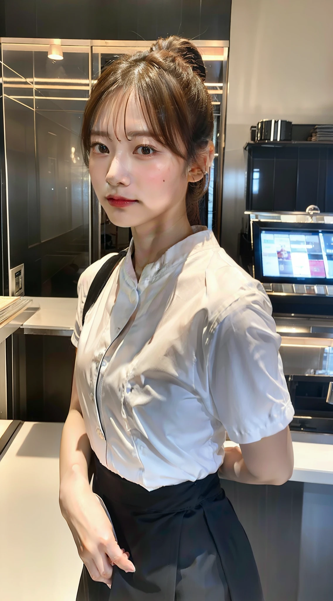 Top quality, masterpiece, ultra high definition, (reality: 1.4), original photo, 1 person, cinematic lighting, ponytail, girl in restaurant, undergarment