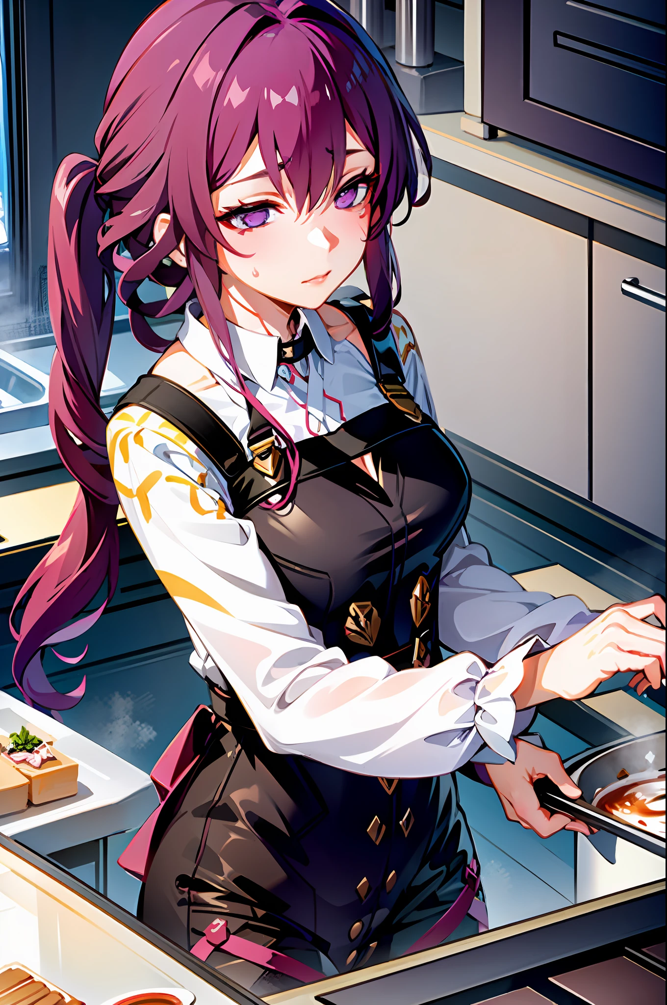 masterpiece, best quality, 1girl, (cooking), blonde hair, long hair, kitchen, casual clothes, apron, purple hair, wipe sweat