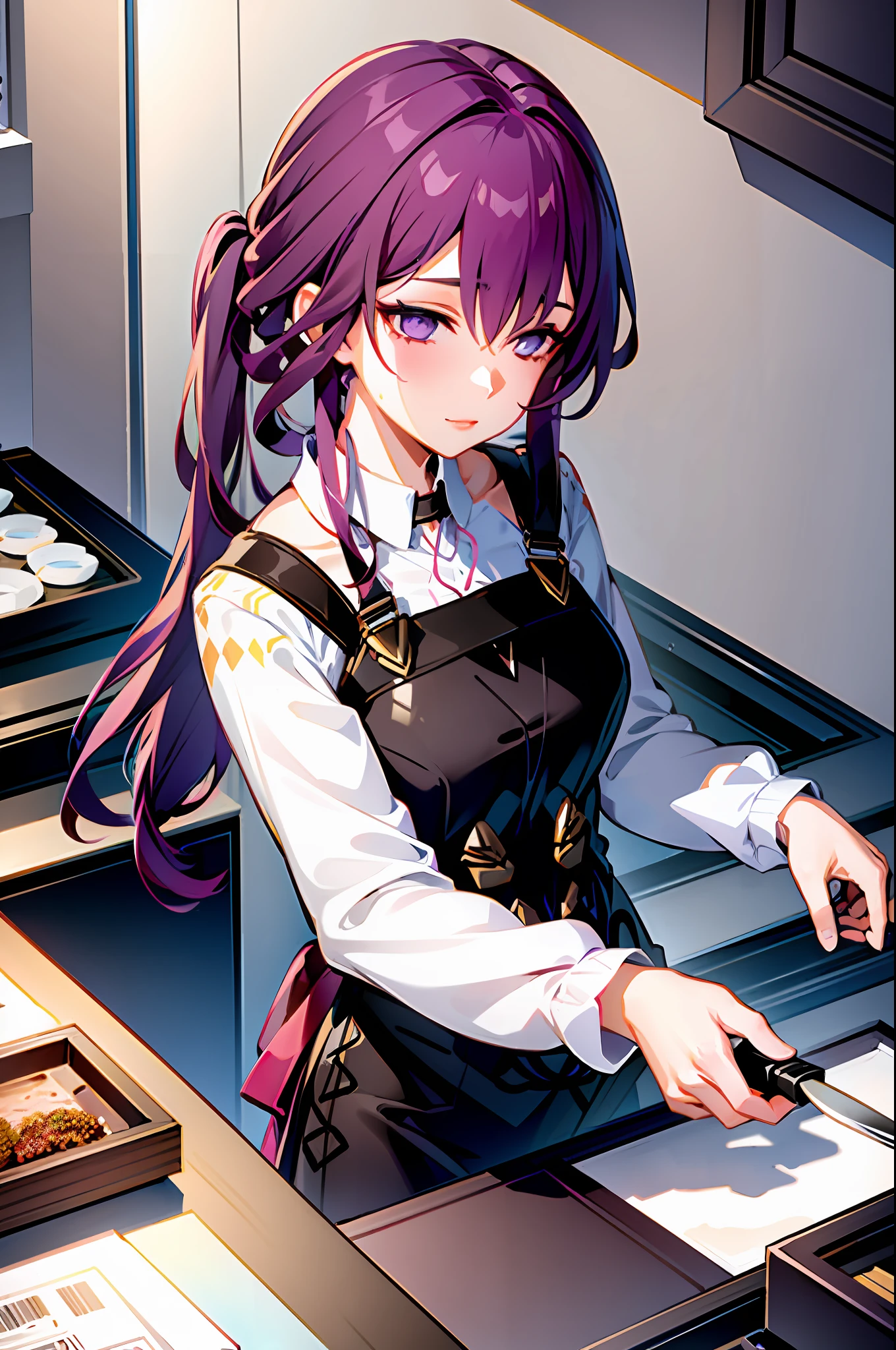 masterpiece, best quality, 1girl, (cooking), blonde hair, long hair, kitchen, casual clothes, apron, purple hair, cut the ingredients with a knife