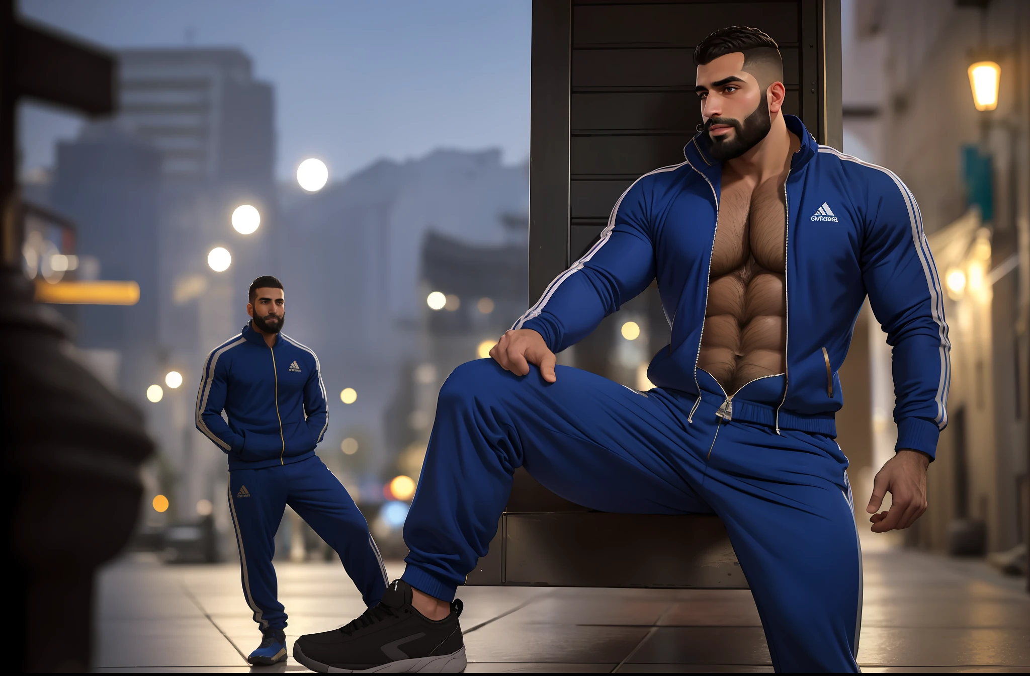 Full body photo of muscular bearded (middle eastern ethnicity man) in a worn ((skin-revealing skimpy erotic blue tracksuit, massive hairy pecs)), big pecs, big arms, large bulge, ((light bokeh)), intricate, (steel metal [rust]), elegant, erotic, exuding sexual energy, homoerotic, sharp focus, photo by greg rutkowski, soft lighting, vibrant colors, (masterpiece), ((streets)), (detailed face)