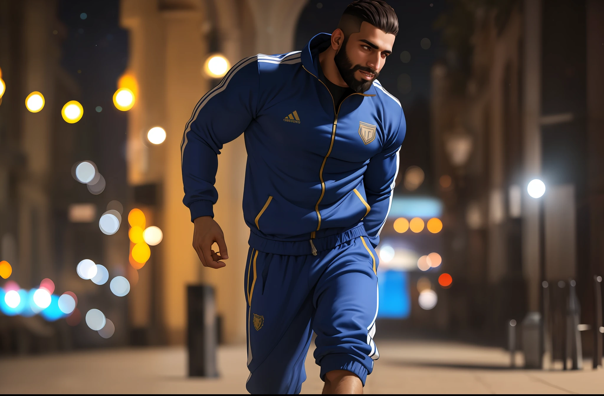 Full body photo of muscular bearded (middle eastern ethnicity man) in a worn ((skin-revealing skimpy erotic blue tracksuit, massive hairy pecs)), big pecs, big arms, large bulge, ((light bokeh)), intricate, (steel metal [rust]), elegant, erotic, exuding sexual energy, homoerotic, sharp focus, photo by greg rutkowski, soft lighting, vibrant colors, (masterpiece), ((streets)), (detailed face)