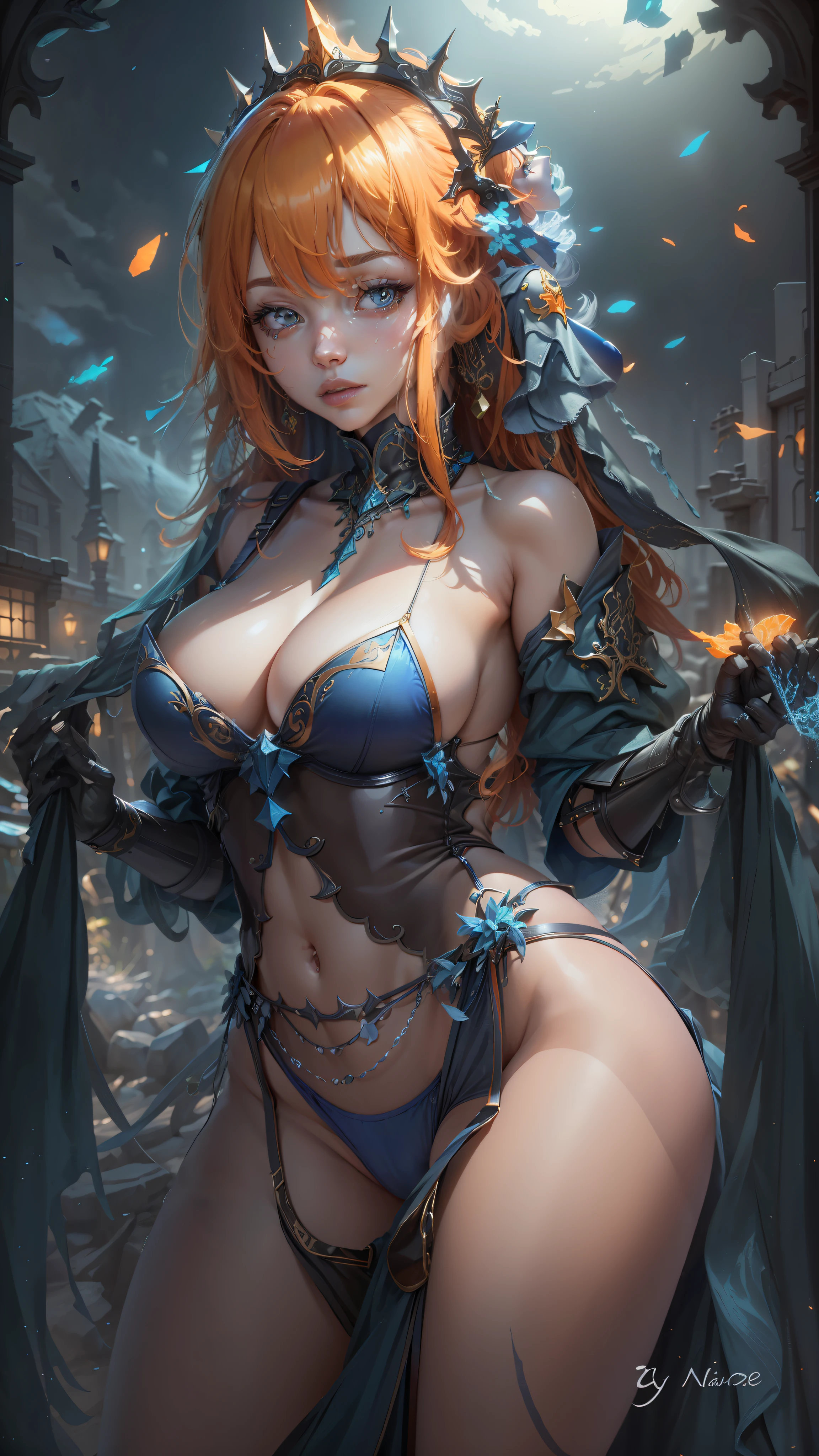 ((Best quality)), ((masterpiece)), (highly detailed:1.3),muskateer, ((blue bikini at the top)), jeans at the bottom, nani character from One Piece. The details of his body are meticulously elaborated, reflecting beauty (beauty:1.2). The embellishments (ornate:1.4) that adorn your pants, ((with orange hair)), long hair, with a thin waist, demonstrating determination in your look, a balance of danger and beauty, HDR (High Dynamic Range), Ray Tracing, NVIDIA RTX, Super-Resolution, Unreal 5, Subsurface Scattering, PBR Texturing, Post-processing, Anisotropic filtering, Depth of field, Maximum clarity and sharpness, Multilayer textures, Albedo and specular maps, Surface shading, accurate simulation of light-material interaction, perfect proportions, Octane Render, two-tone lighting, low ISO, white balance, rule of thirds, wide aerature, 8K RAW, efficient sub-pixel, sub-pixel convolution, luminescent particles --auto --s2