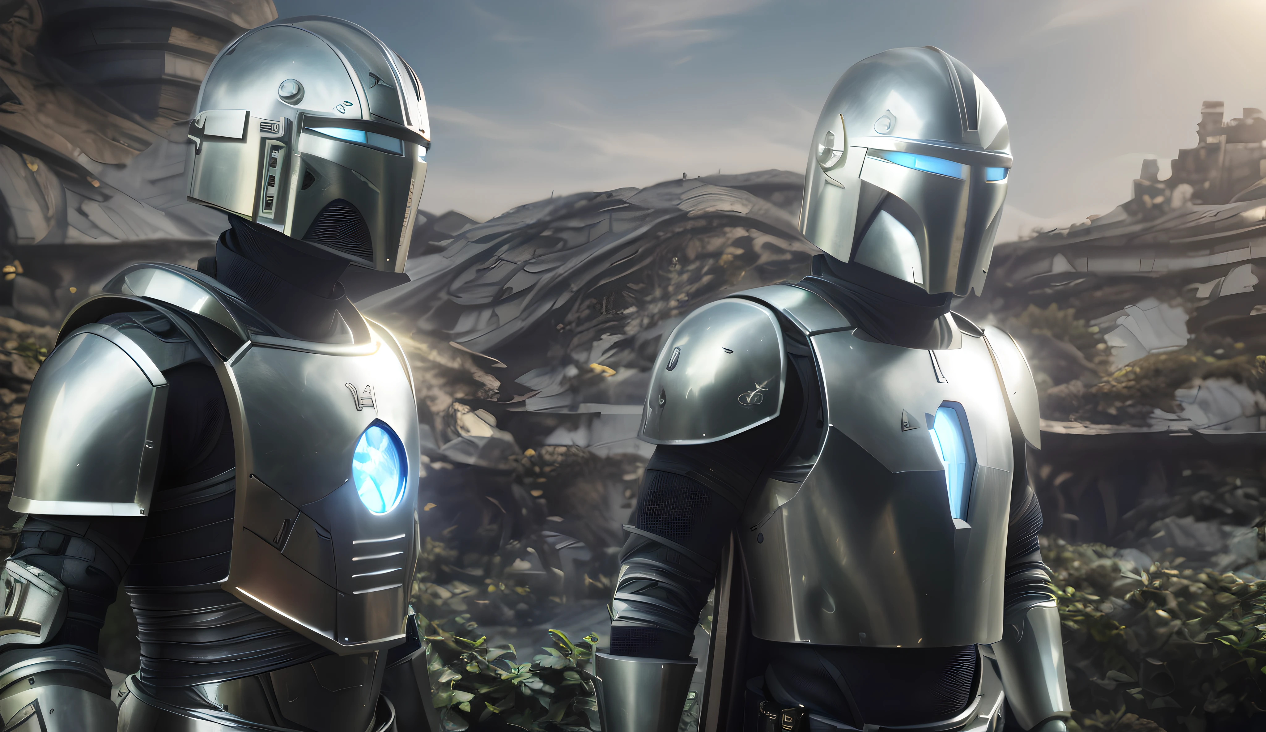 Two men in helmets and armor (((:i)))), highly detailed, hyper realistic, super detailed, dynamic pose, photography, volumetric, ultra detailed, intricate details, 32k, super resolution, backlight, natural lighting, cinematic lighting, highlight lighting, global lighting, Global Screen Space Illumination, Ray Tracing Global Illuminati on, Lumen Reflections, Cell Shading, Tone Mapping, super-detailed, ultra photorealistic, , intricate details, 8K, ambient occlusion, volumetric lighting, sharp focus, dark legacy bokeh lighting, ultraman, Japanese armor, bobafet
