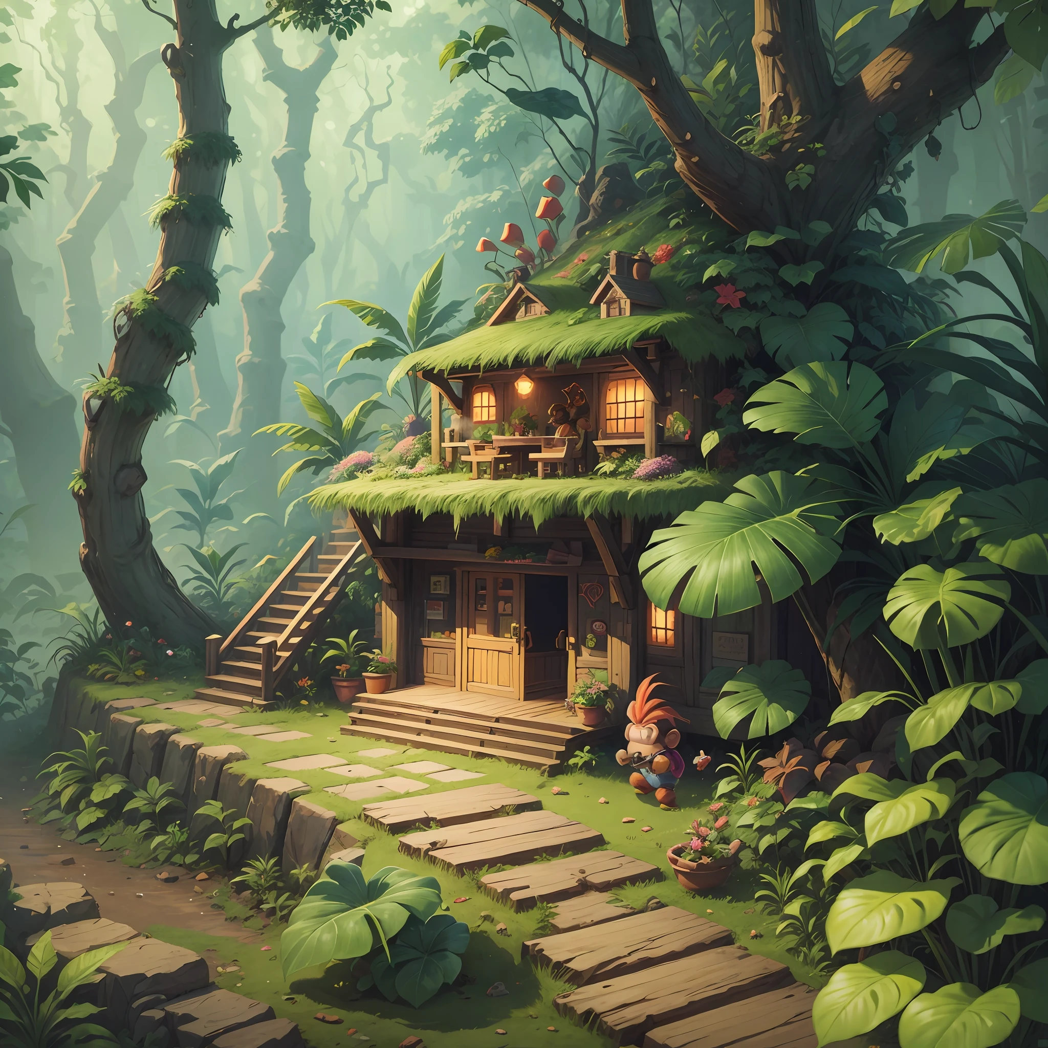 donkey Kong smoking marijuana, in the middle of the forest, scenery of donkey Kong against, super detailed and super colorful --auto --s2
