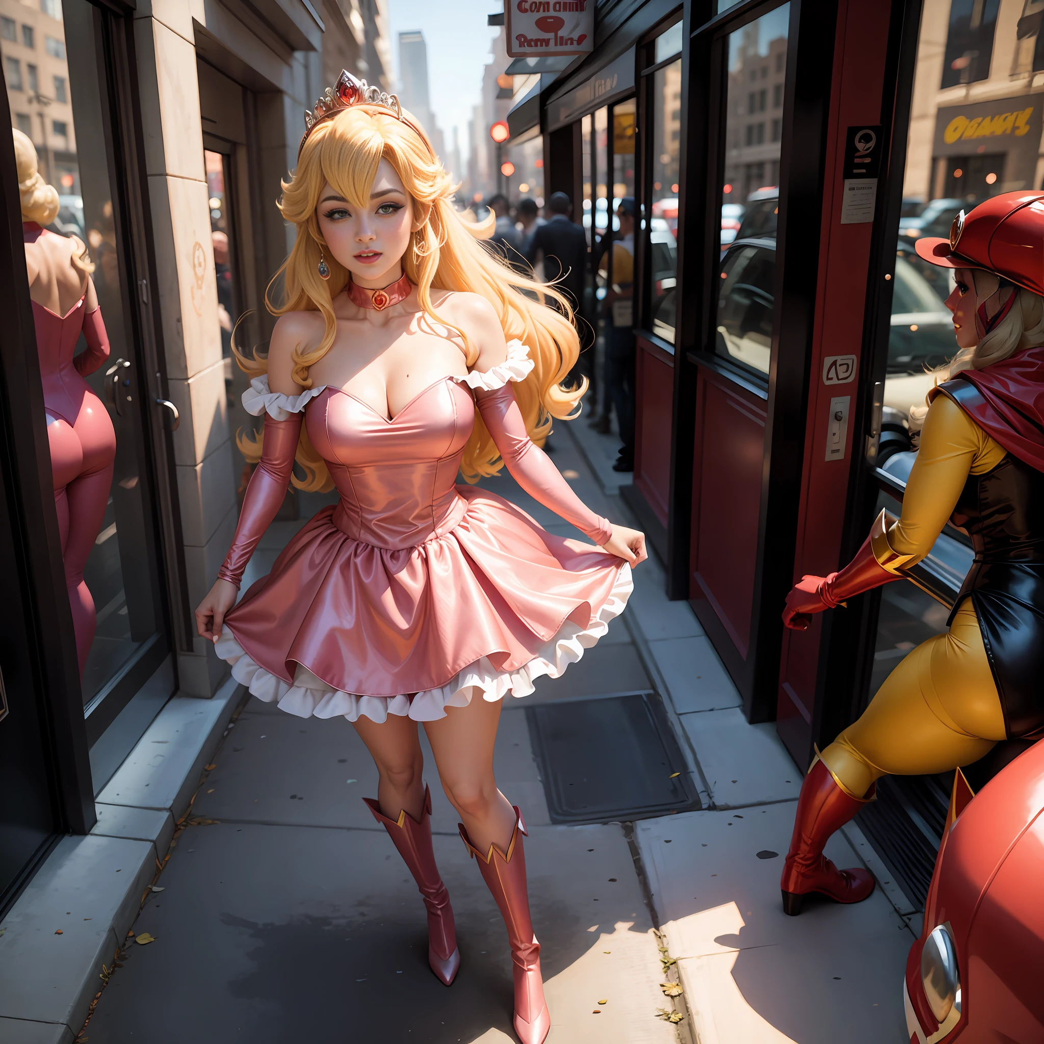 Princess Peach dressed as a flash, DC comics, Manhattan city