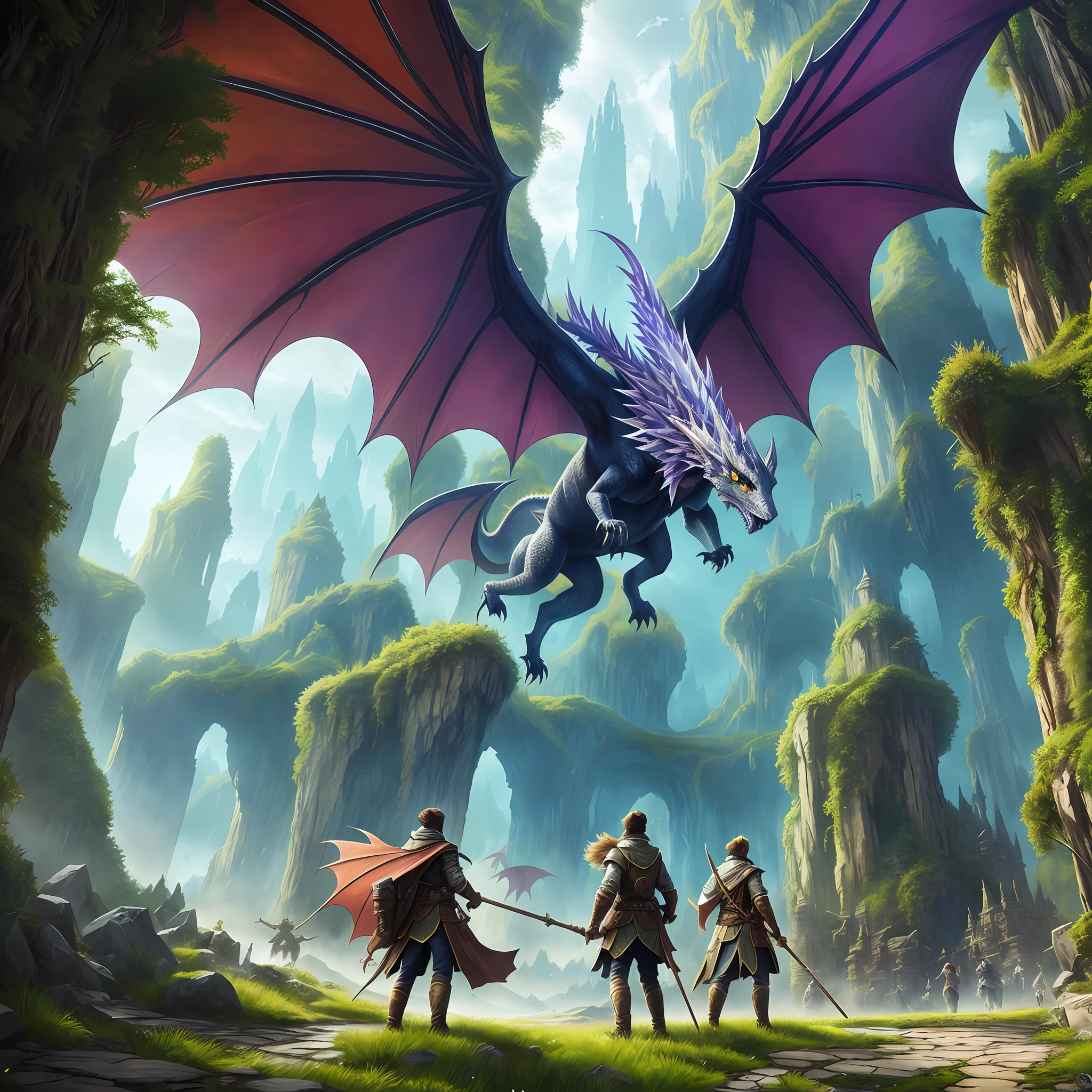 dragons flying over a forest with people standing around, fantasy rpg book illustration, epic fantasy novel cover art, epic fantasy digital art style, d & d fantasy digital art, epic fantasy illustration, epic fantasy art style, dungeons and dragons fantasy art, epic fantasy art style hd, epic rpg artwork, dungeon and dragons art, dungeon and dragon illustration, epic fantasy game art