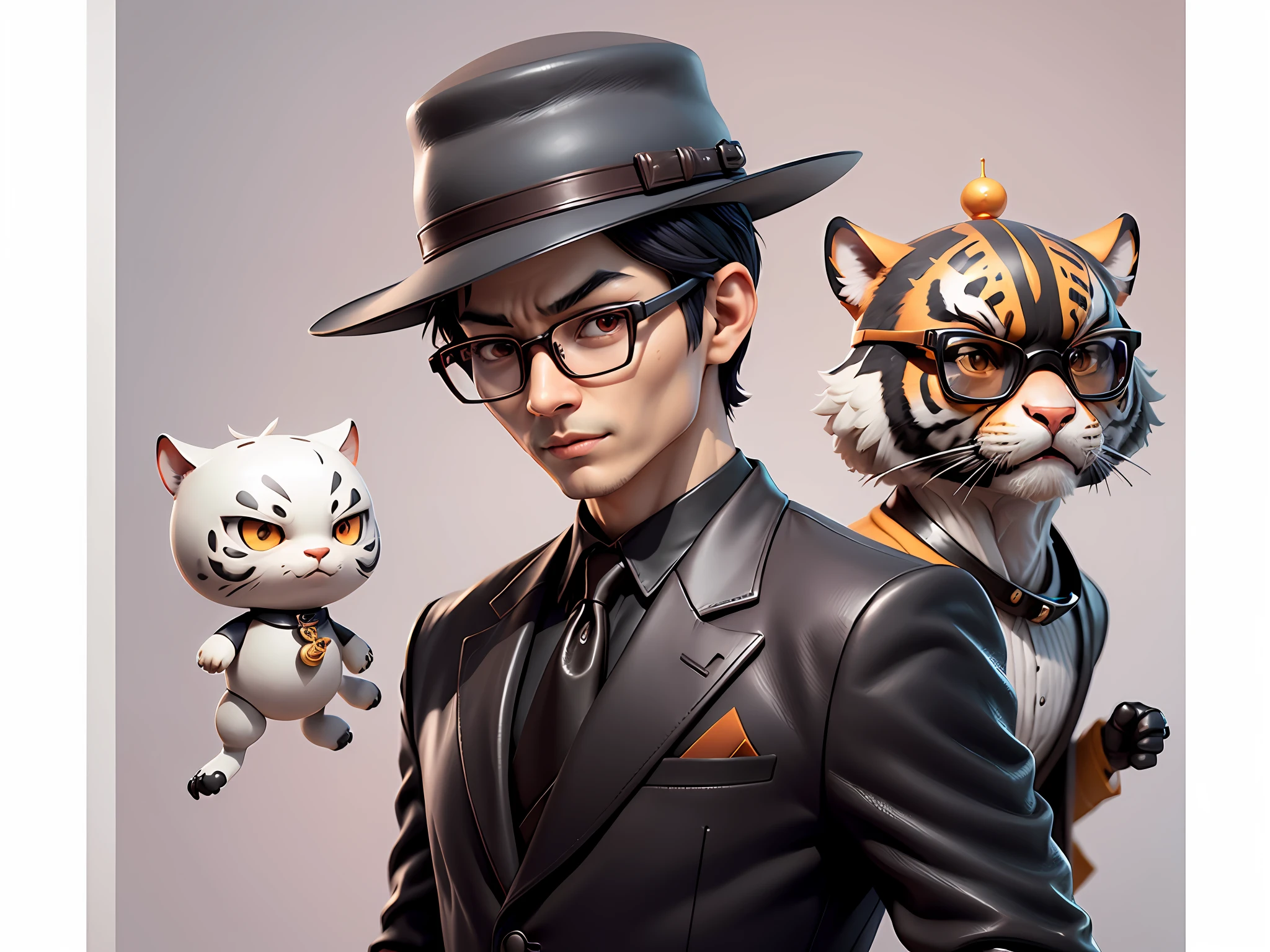 Young man with oriental face in leather hat, tiger, oriental face in formal suit, short black hair, silver glasses, digital painting, 3D character design by Mark Clairedon and Pixar and Hayao Miyazaki and Akira Toriyama, the illustration is a high-definition illustration in 4K resolution with very detailed facial features and cartoon-style visuals.