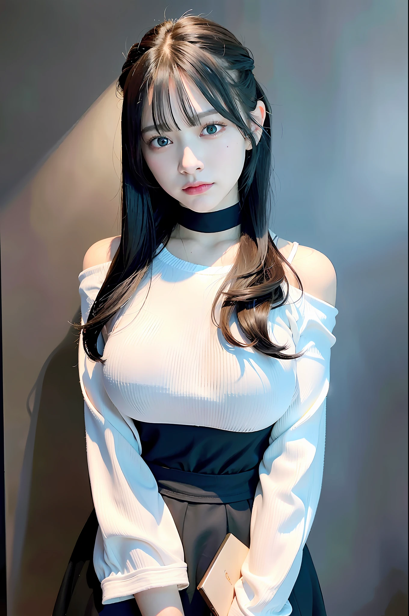 Top quality, ultra high resolution, (photorealistic: 1.4), big, 1 girl, off-shoulder white shirt, black tight skirt, black choker, (faded ash-gray hair: 1), (huge breasts: 1.2), look viewer, close-up,