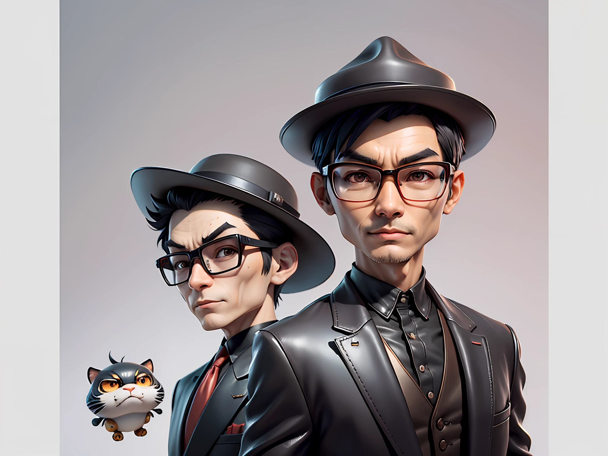 Young man with oriental face in leather hat, tiger, oriental face in formal suit, short black hair, silver glasses, digital painting, 3D character design by Mark Clairedon and Pixar and Hayao Miyazaki and Akira Toriyama, the illustration is a high-definition illustration in 4K resolution with very detailed facial features and cartoon-style visuals.