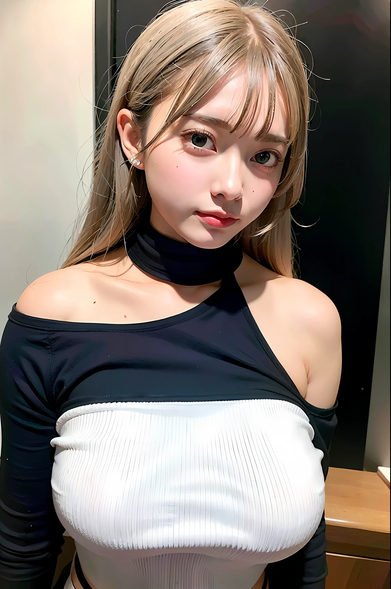 Top quality, ultra high resolution, (photorealistic: 1.4), big, 1 girl, off-shoulder white shirt, black tight skirt, black choker, (faded ash-gray hair: 1), (huge breasts: 1.2), look viewer, close-up,