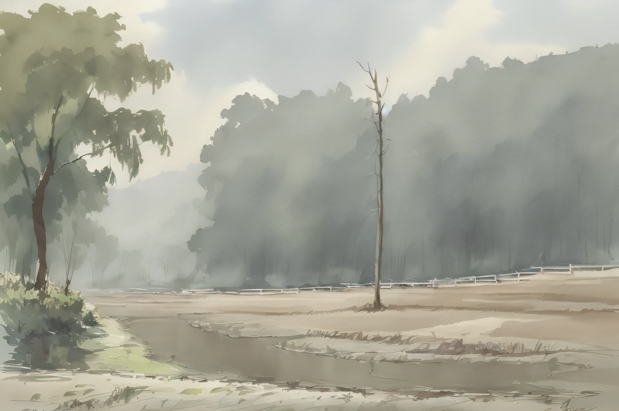 Watercolor painting, dark tone, foggy, Chinese countryside, electric poles, country dirt road, woods, pools, bushes