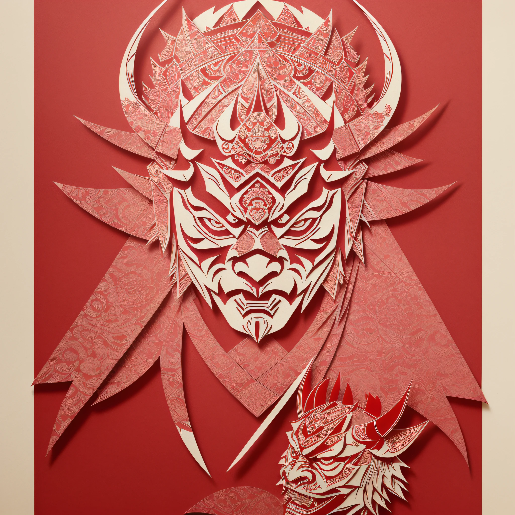 ((Oni Hannya)) with elmo kabuto samurai, ((((masterpiece)))), best quality, ((Kirigami's Japanese paper cutting art)), ((Japanese paper cutting)), ((complicated paper cutting with many layers of paper)), ((each paper layer with shadows)), red background paper, unique color on each paper layer, front, (detailed Japanese tamon samurai mask)