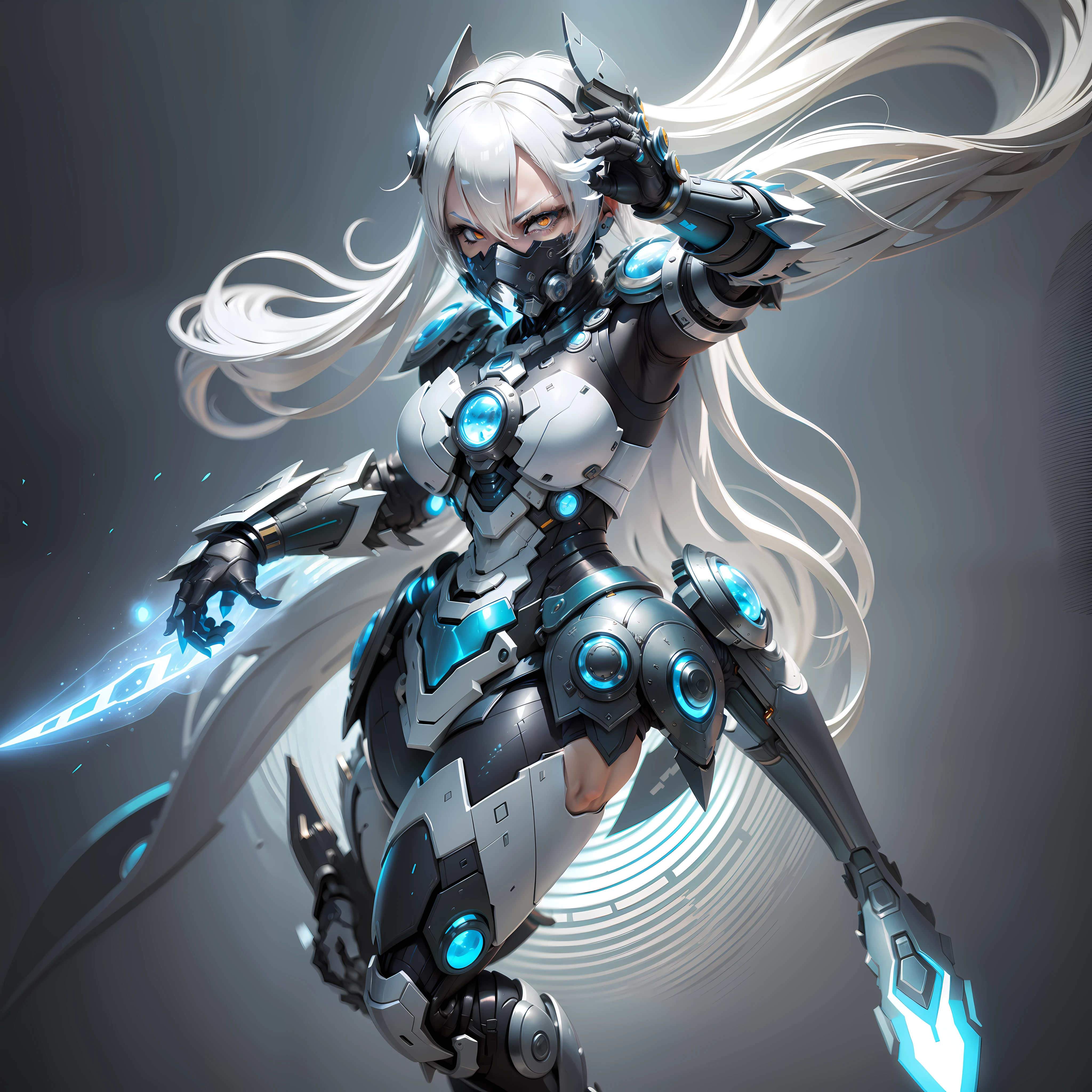 Woman, Platinum Hair, white eyes, dolphin armor, armor in black and blue colors, armor glued to the body, mask covering the mouth, fatasia megaman X, fighting pose, giant evil boss background