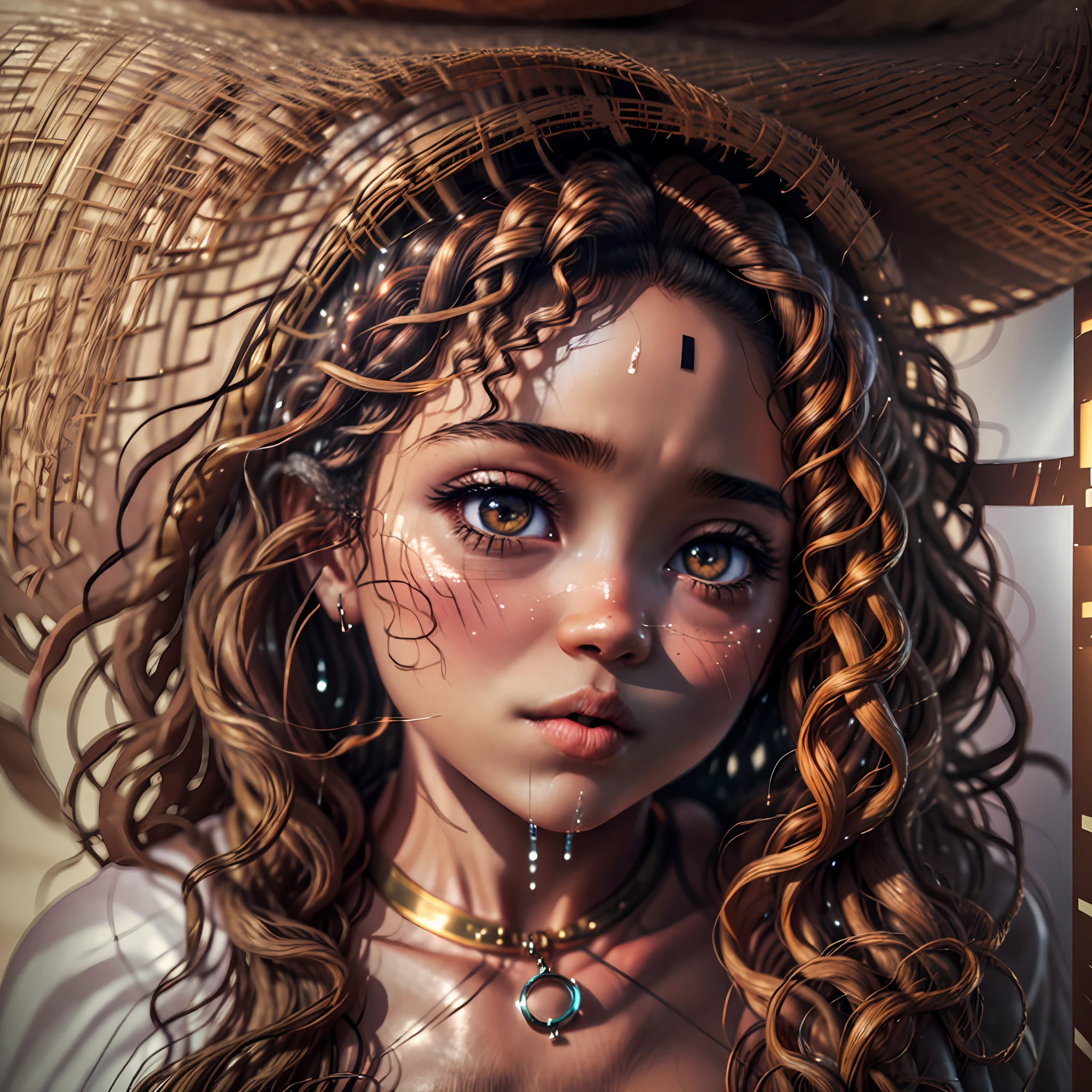 Super Big, Face Close, (hazel eyes), African-Latin style, curly hair, closed mouth, delicate big cheeks, Surrealism, 8k, super detail, masterpiece, best quality, (extremely detailed CG unity 8k wallpaper), (best quality), (best illustration), (best shadow), absurdres, realistic lighting, (Abyss), beautiful detailed glow, detailed face