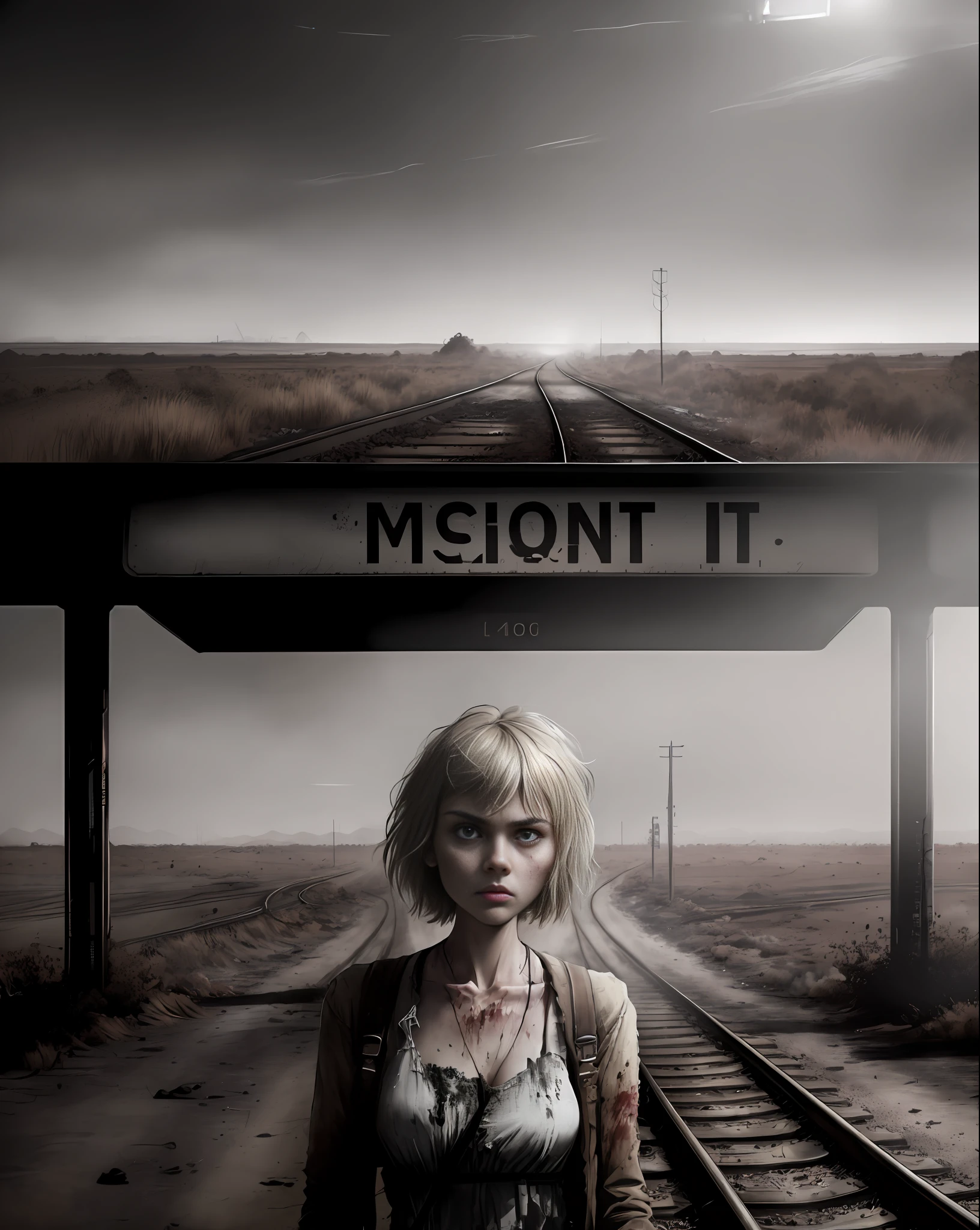 Imogen Poots (Train line, deserted road, dirt road, abandoned road, zombie movie, apocalyptic setting, cinematic effect). (Best quality, masterpiece, depth of field, Full HD, 4K, richness of detail). Portrait style