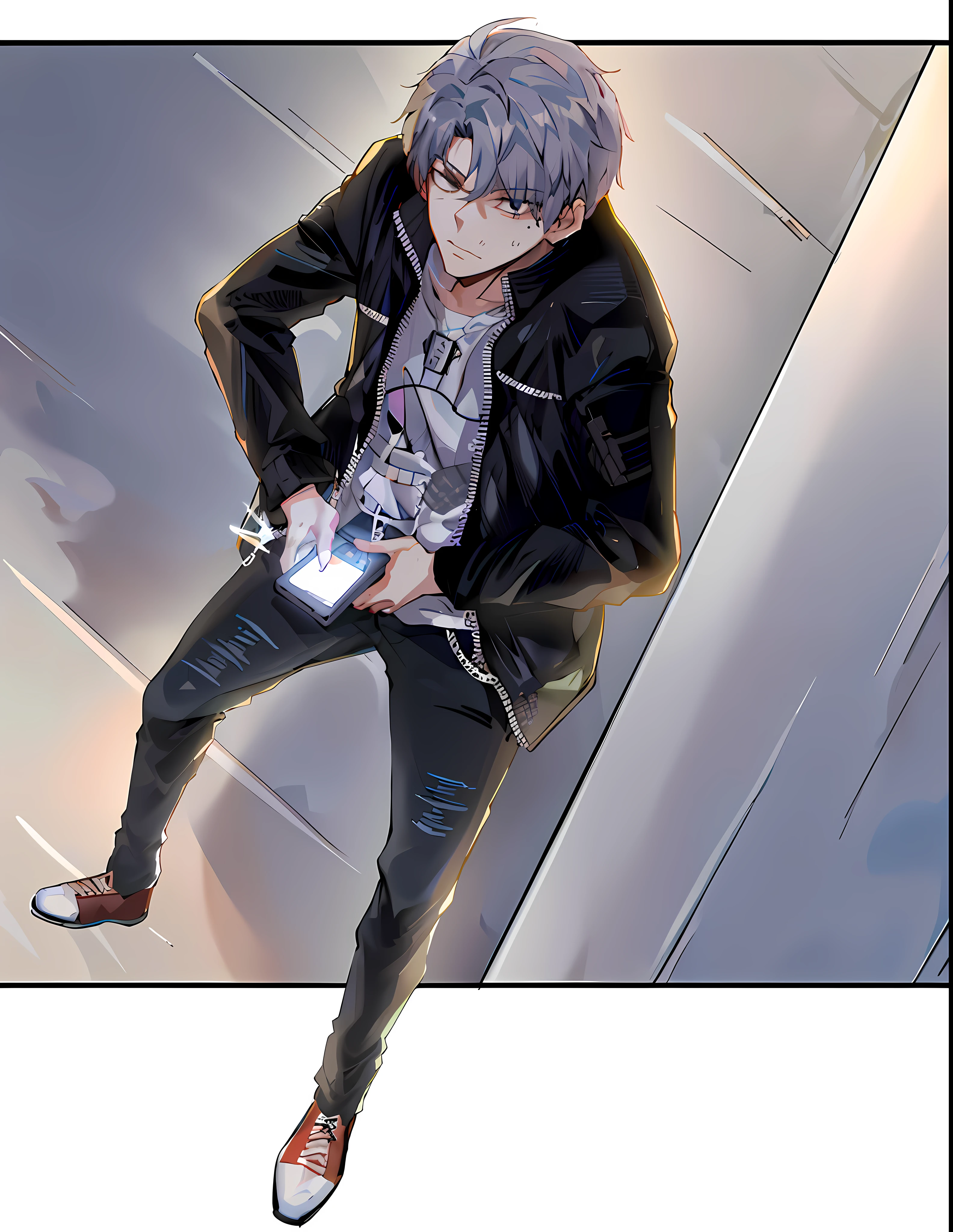 arafed image of a man in a black jacket and jeans, looking at his phone, inspired by Bian Shoumin, inspired by Kun Can, from girls frontline, he has dark grey hairs, high quality fanart, manhwa, afternoon hangout, sitting down casually, artwork in the style of guweiz, handsome anime pose, with a cool pose