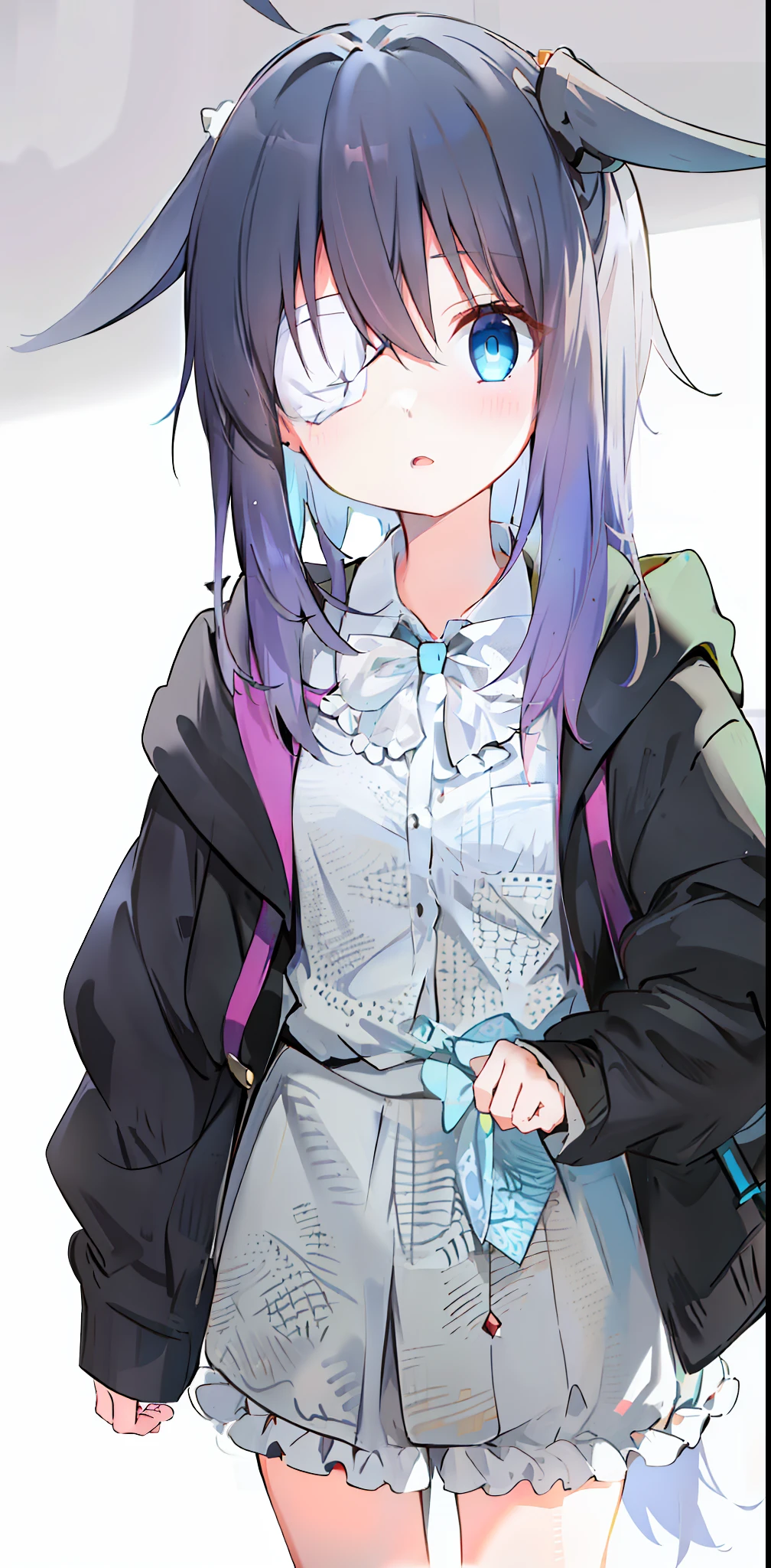 high res, masterpiece,Rikka Takanashi, black hair, solo, 1girl,outside,deatailed background, detailed eyes, ((blue eyes)), eyepatch