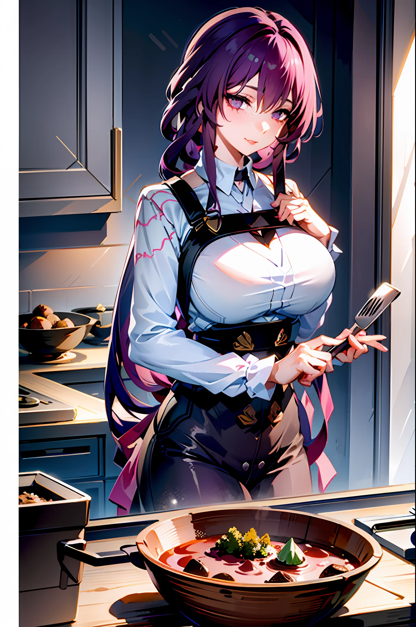masterpiece, best quality, 1girl, (cooking), blonde hair, long hair, kitchen, casual clothes, apron, purple hair, big breasts