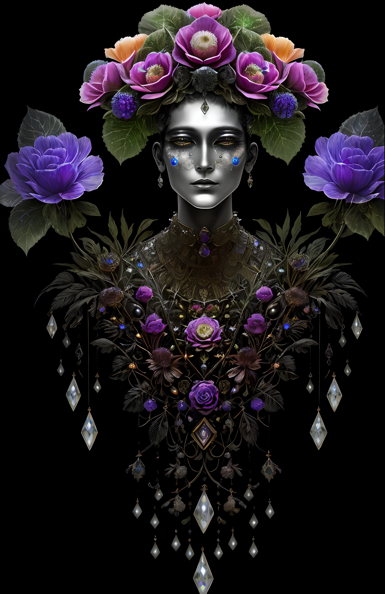 "Rosen maiden, (masterpiece, best quality), (illustration), strange fungal disease dense forest, transparent sticky substance, caustics, crystals, close-up, intricate details, dark background, sparkling spores, rainbow crystals, darkness", made of metal, cyborg: 1.1, [detailed wire]: 1.3, (complex details), HDR, (complex details, hyperdetailed: 1.2),