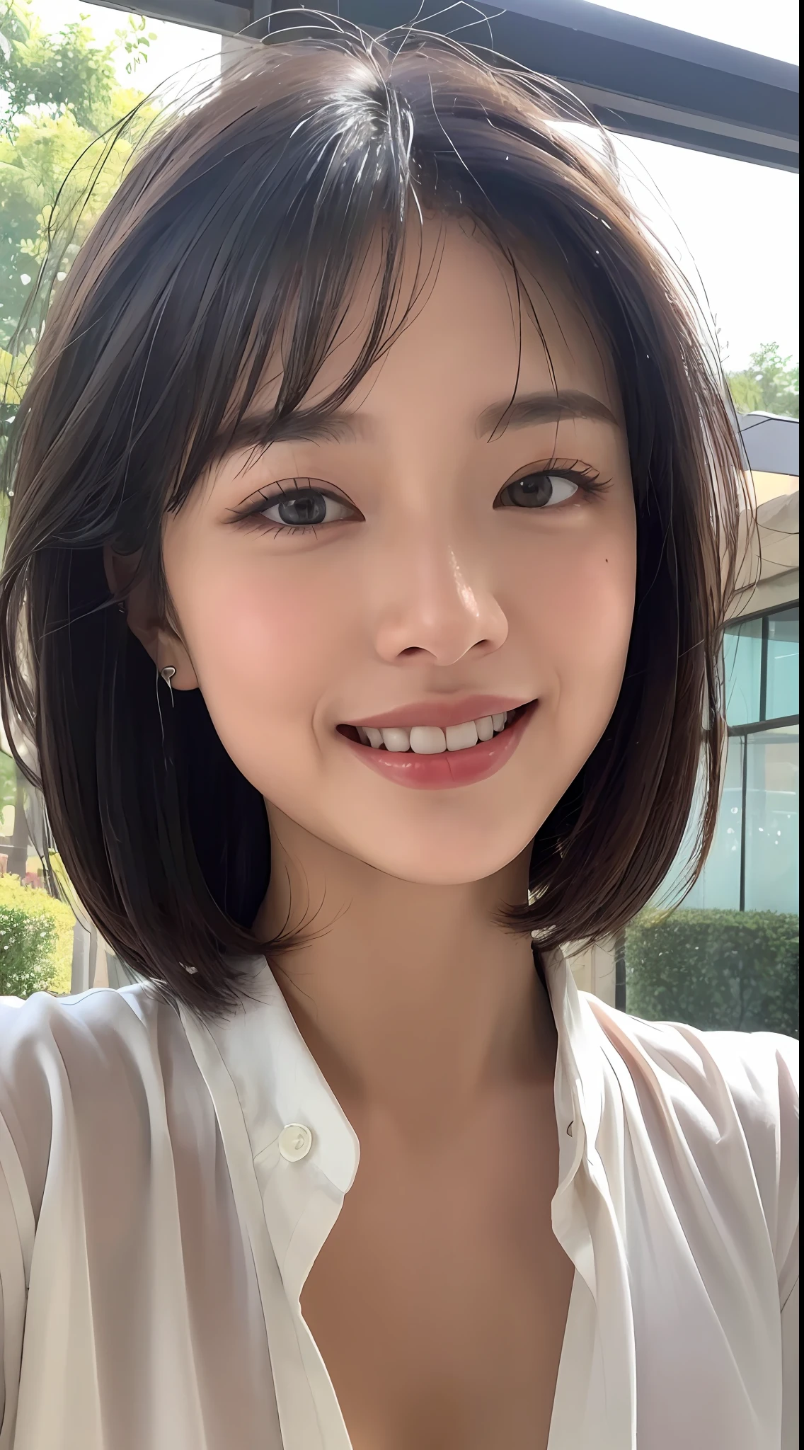 ((Best quality, 8k, Masterpiece: 1.3)), Sharp focus: 1.2, A beautiful woman smiling, elegant, slightly gray hair, perfect eyes, with perfect body: 1.4, Thin abdomen: 1.2, ((Layered haircut, Normal breasts: 1.2)), (Thin and damp button up to shirt length: 1.1), (White shirt closed, wet by rain), (Rain, Street: 1.2), Wet body: 1.1, Highly detailed facial and skin texture, Detailed eyes, Double eyelid, tanned skin, elegant, tanned