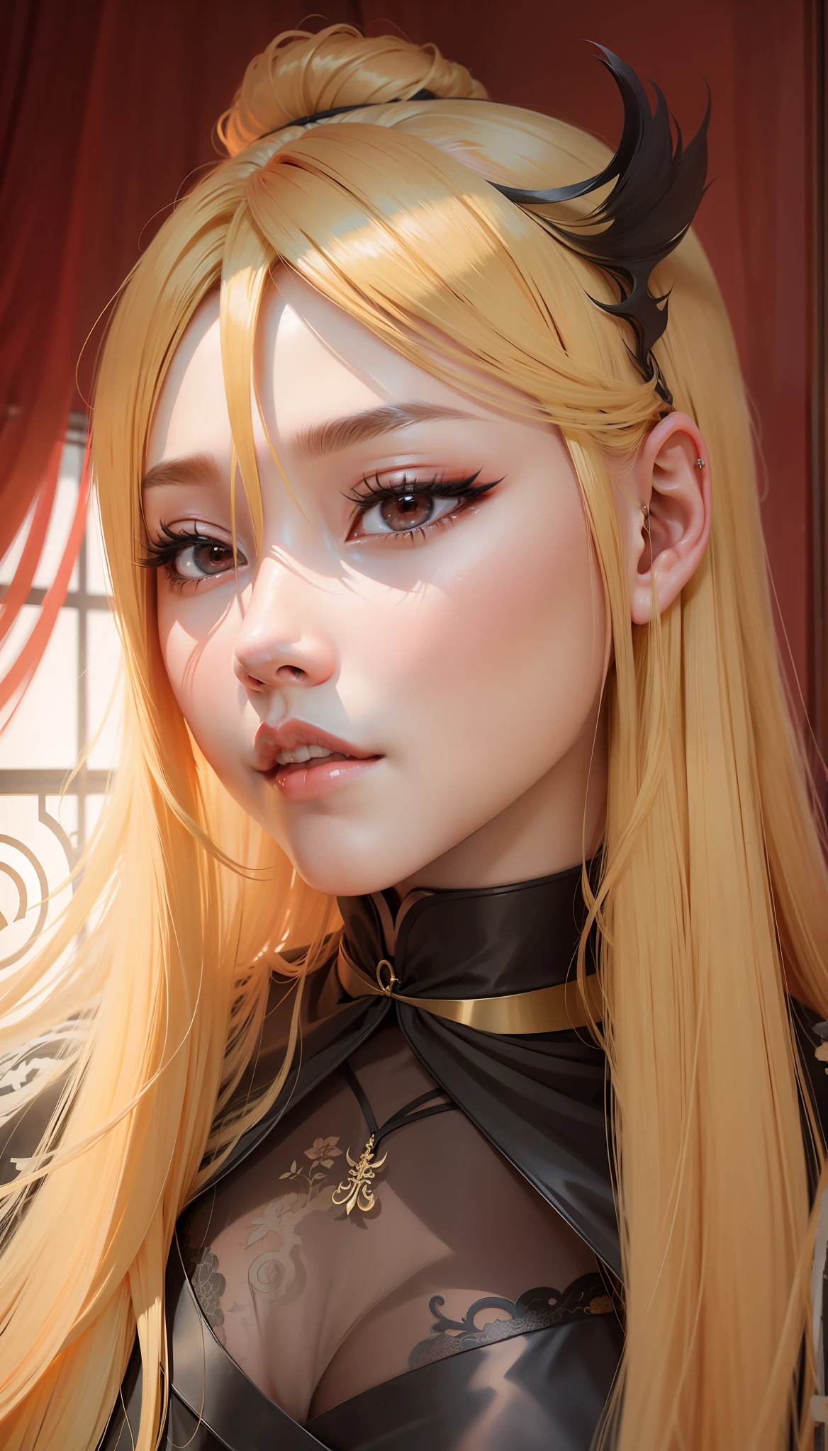 Blonde with long hair and red fringe in a black dress, Ning Guang, genshin