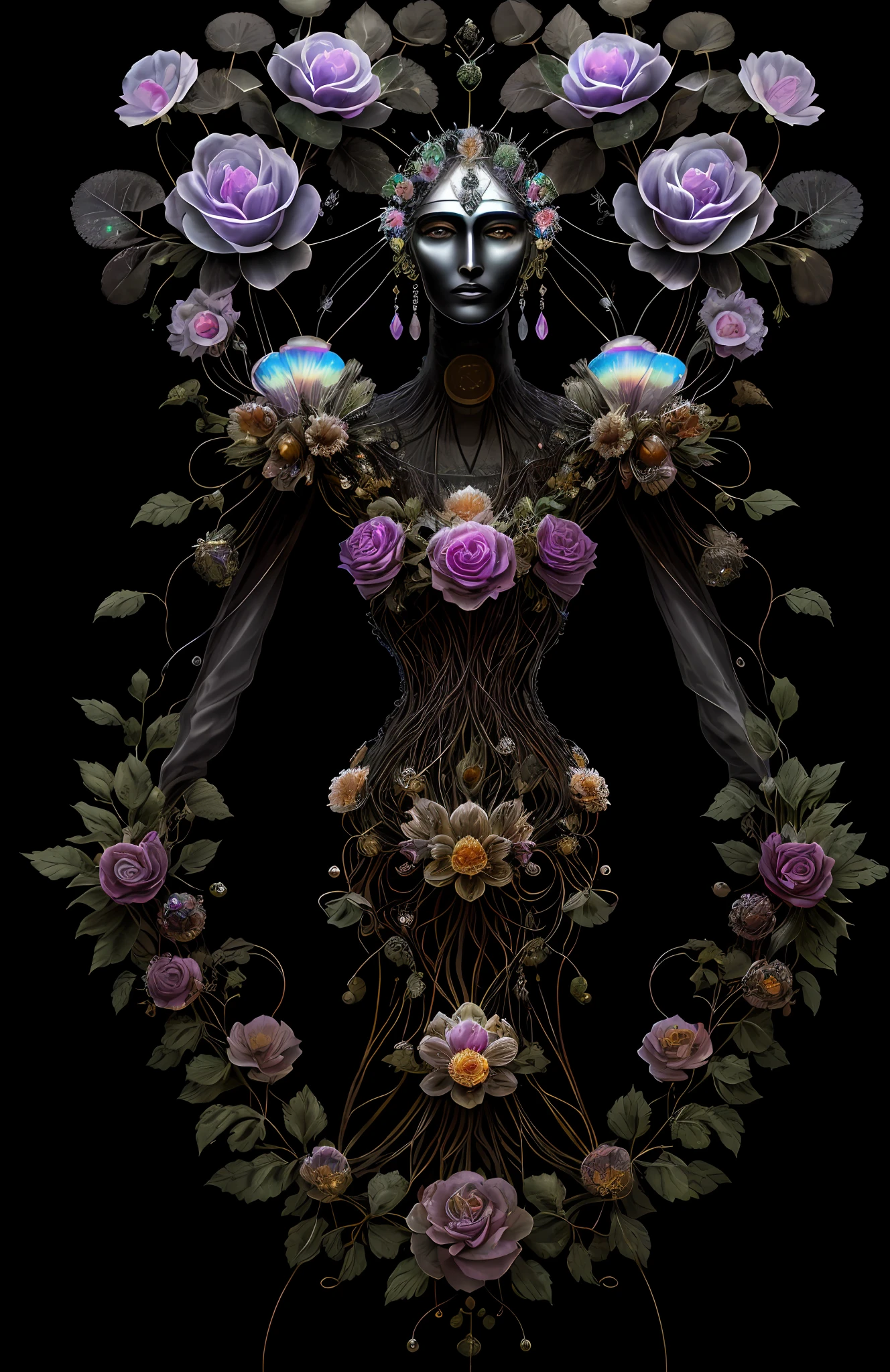 "Rosen maiden, (masterpiece, best quality), (illustration), strange fungal disease dense forest, transparent sticky substance, caustics, crystals, close-up, intricate details, dark background, sparkling spores, rainbow crystals, darkness", made of metal, cyborg: 1.1, [detailed wire]: 1.3, (complex details), HDR, (complex details, hyperdetailed: 1.2),