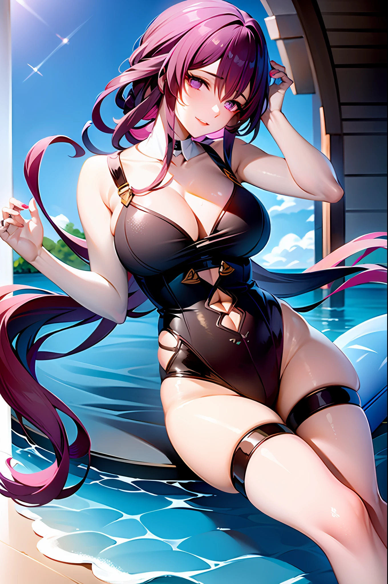 masterpiece, best quality, 1girl, soli, swimsuit,medium_breasts,long_ purple hair_hair,