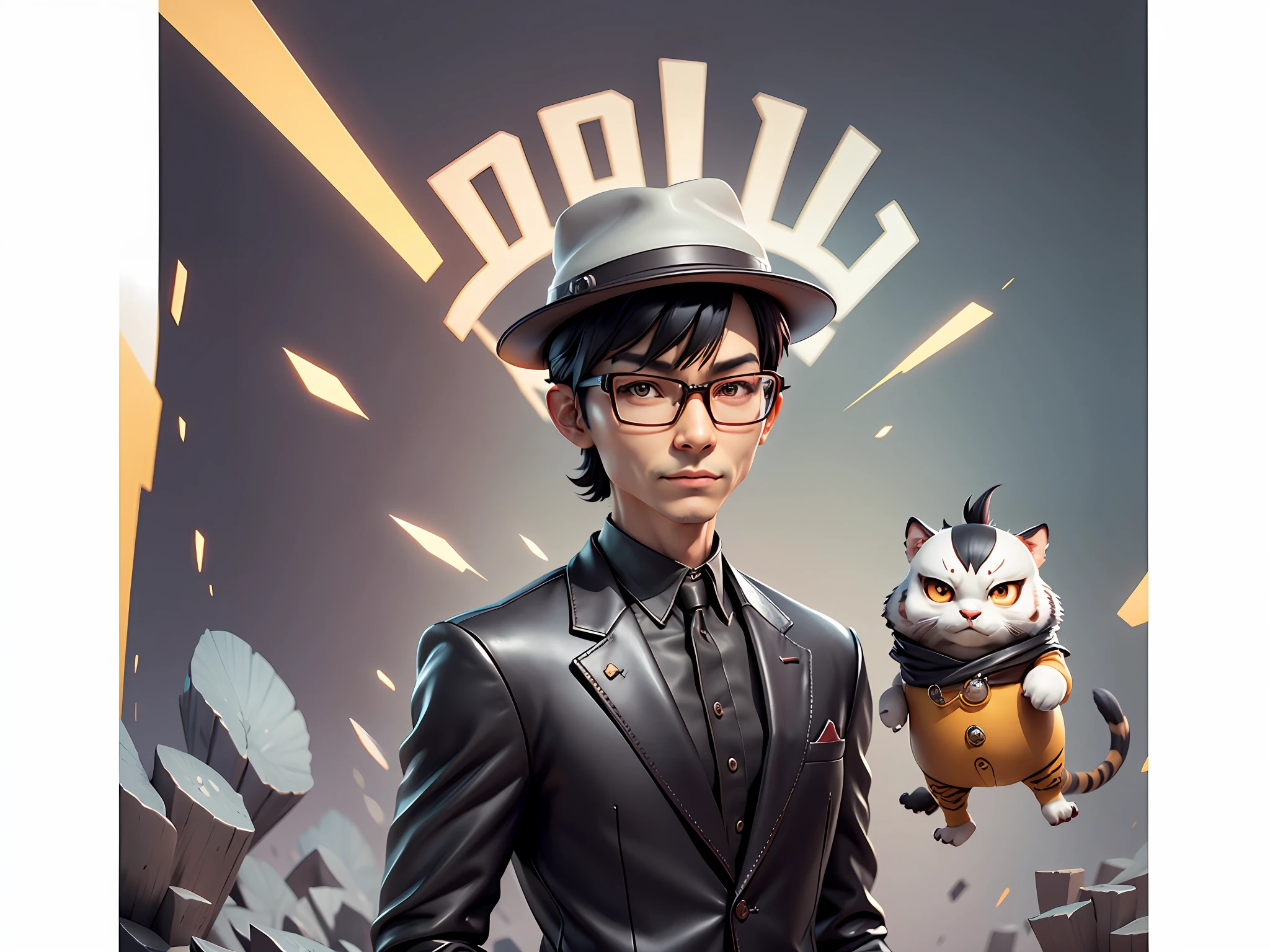 Young man with oriental face in leather hat, tiger, oriental face in formal suit, short black hair, silver glasses, digital painting, 3D character design by Mark Clairedon and Pixar and Hayao Miyazaki and Akira Toriyama, the illustration is a high-definition illustration in 4K resolution with very detailed facial features and cartoon-style visuals.