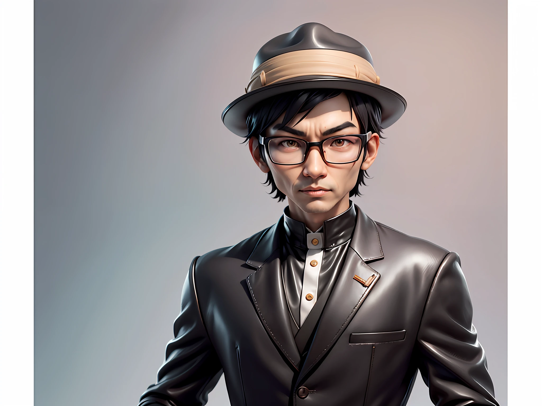 Young man with oriental face in leather hat, tiger, oriental face in formal suit, short black hair, silver glasses, digital painting, 3D character design by Mark Clairedon and Pixar and Hayao Miyazaki and Akira Toriyama, the illustration is a high-definition illustration in 4K resolution with very detailed facial features and cartoon-style visuals.