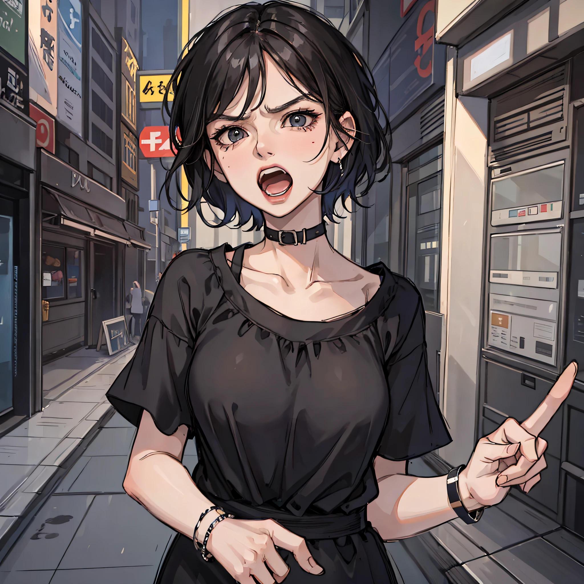 1 middle-aged woman, black clothes, shabby, short hair, angry, open mouth, pointing