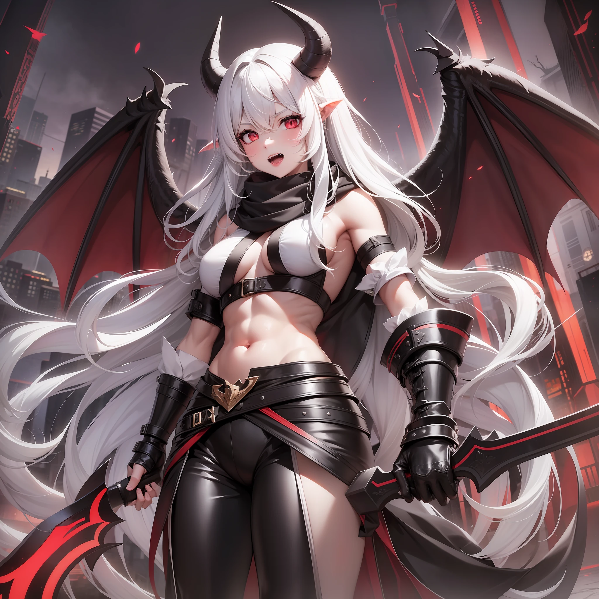 1 girl, long white hair, black eyes, red pupils, six-pack, shirtless, big breasts, black pants, brown shoes, sexy, long black scarf, muscular, tall, nswf, fangs in teeth, demon wings on back, long horns on head, full night stage, black sword in hand