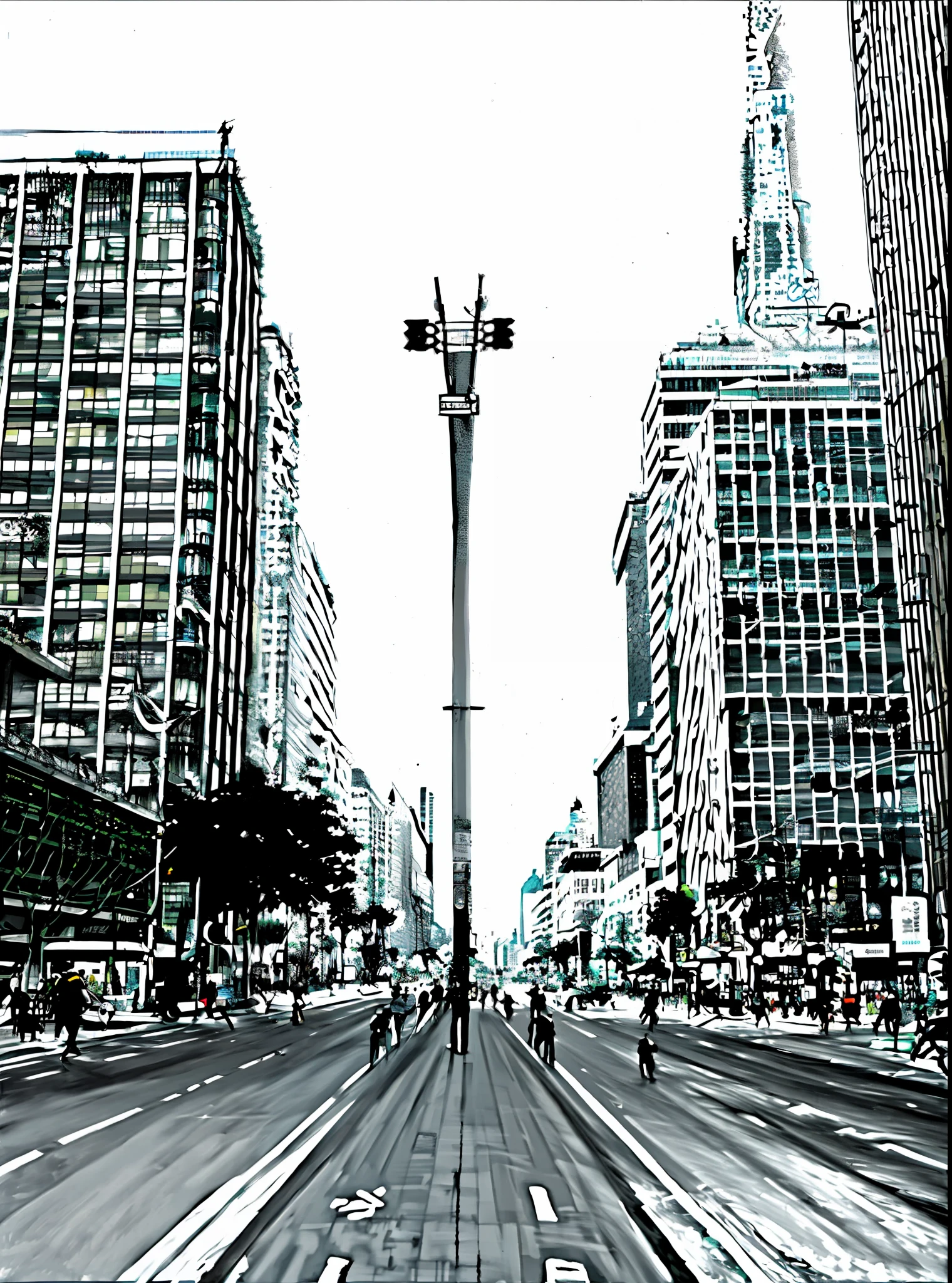 City street with some people walking on the sidewalk, in the middle of the city, Paulista Avenue, view of the streets, empty metropolitan street, street perspective, in the middle of the street, empty streets, city streets, downtown, downtown, in the city, empty streets, Sao Paulo, city streets,manga style painting,shades black,gray,white