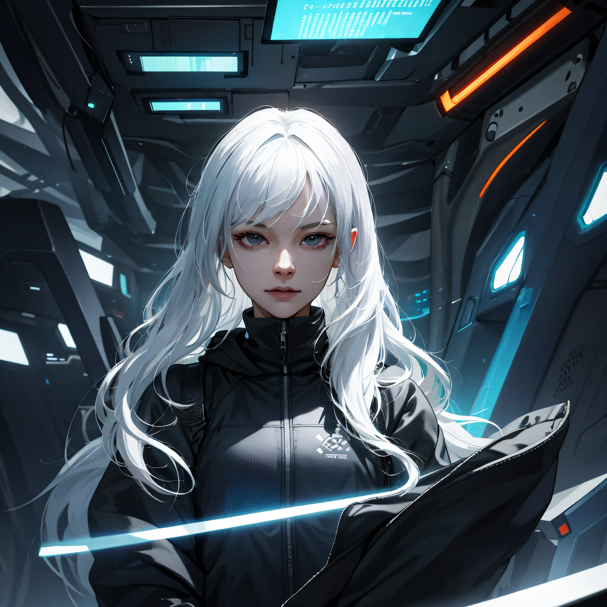 (absurdres, highres, ultra detailed), 1woman, mature female, aged up, wavy long hair, white hair, black eyes, bangs, long sleeves, finely detailed eyes and detailed face, extremely detailed CG unity 8k wallpaper, intricate details, portrait, looking at viewer, solo, (full body:0.6), detailed background, detailed face, (matrix theme:1.1) evil high-tech futuristic hacker, advanced technology, hoodie, techwear, wearable device, keycard, cables, head-up display, blue (holographic display:1.05), access granted, cybersecurity, server room in background, orange lights, dark sinister atmosphere, , portrait, wind swirling