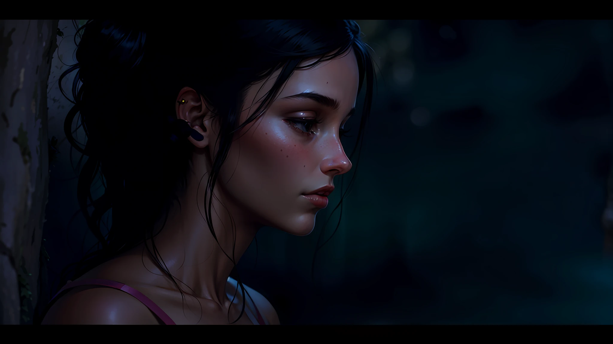 a hyper-realistic portrait of a young woman, smerking, under a tree, inside a forest, in the middle of nature, 22 years old, realistic, (lying on her side), sexy, (huge breasts 2:1), short brown hair, (hair tied with bows), curved, SFW